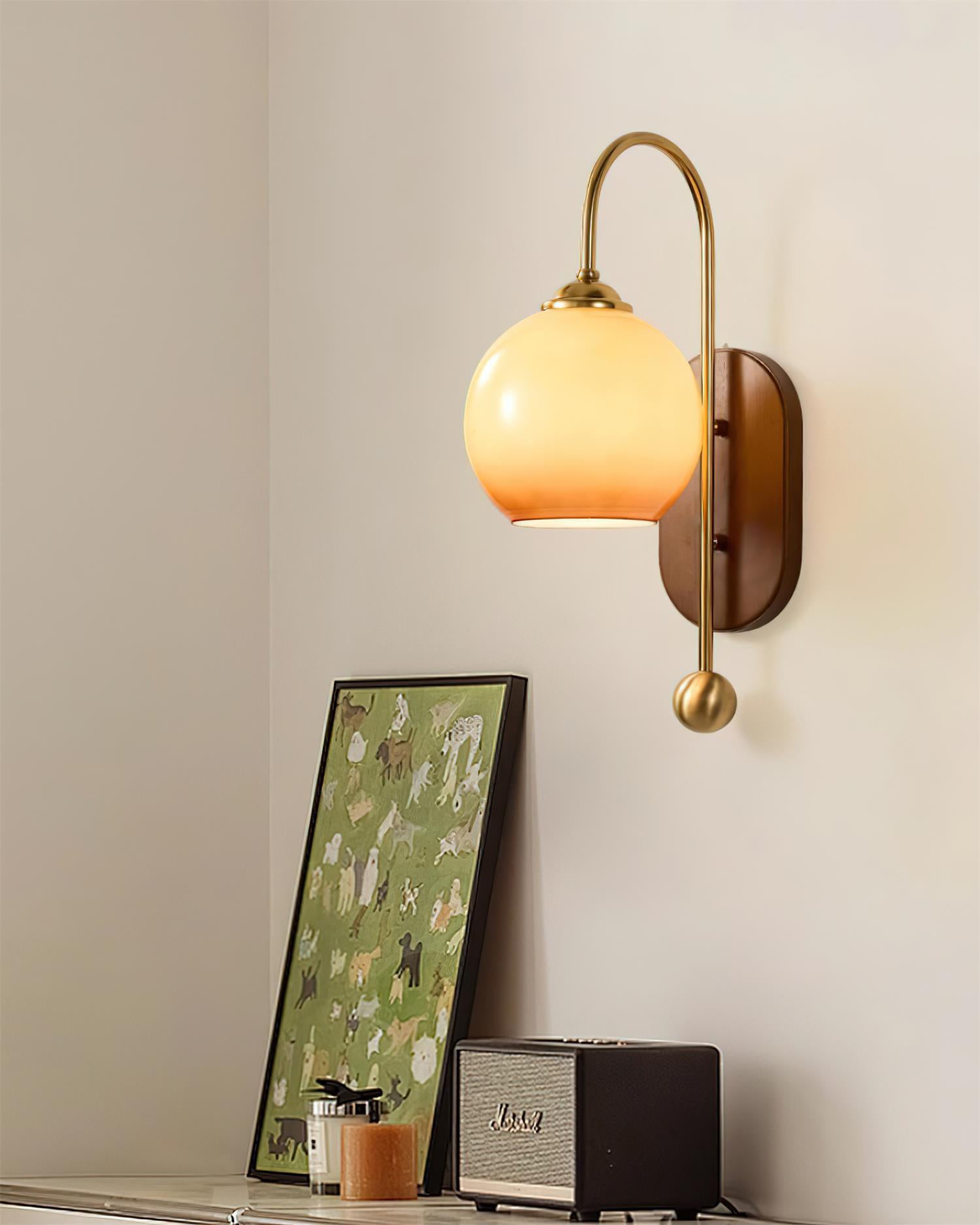 Wall Lamp Metal and Glass Smooth Globe with Wooden Backplate