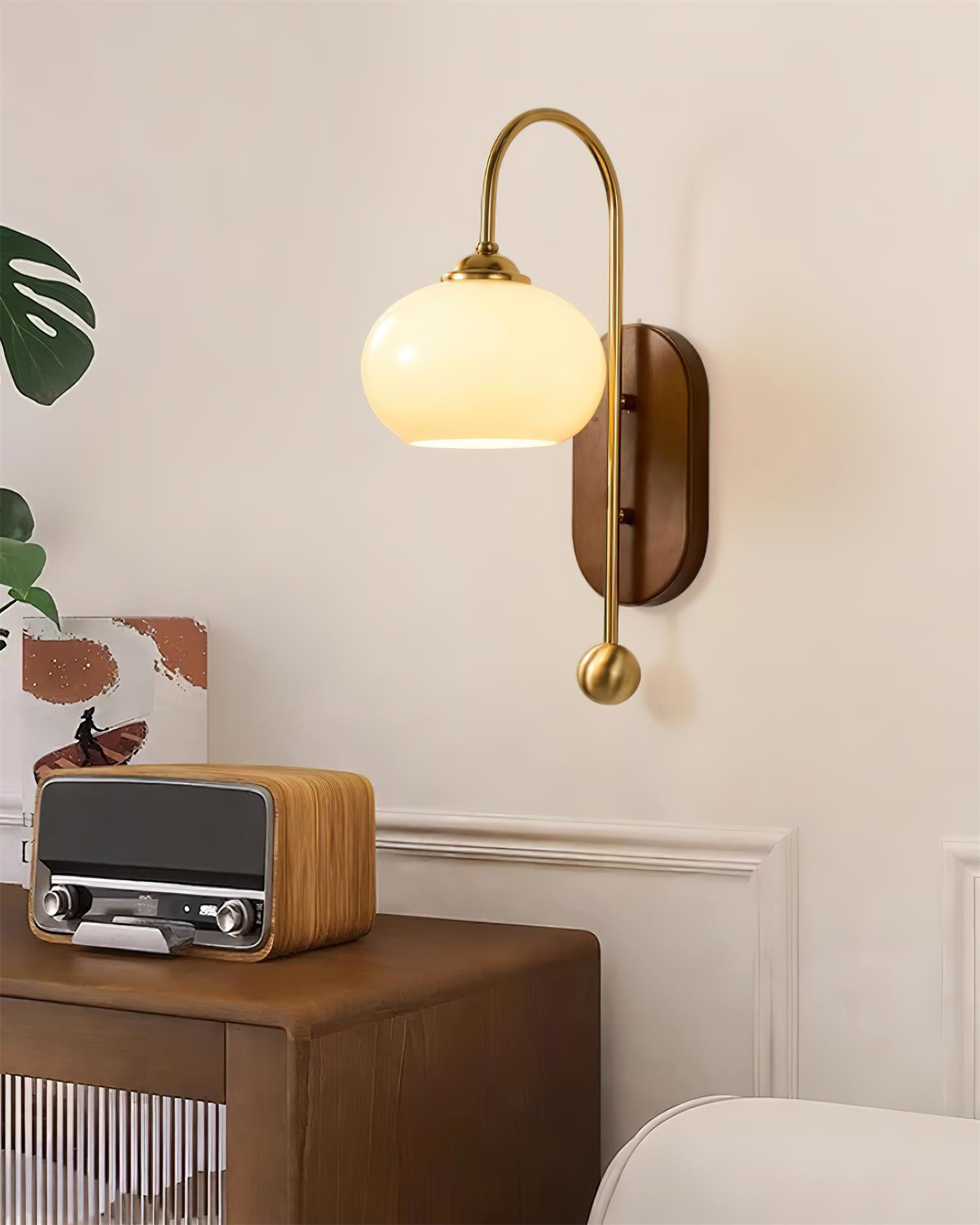 Wall Lamp Metal and Glass Smooth Globe with Wooden Backplate