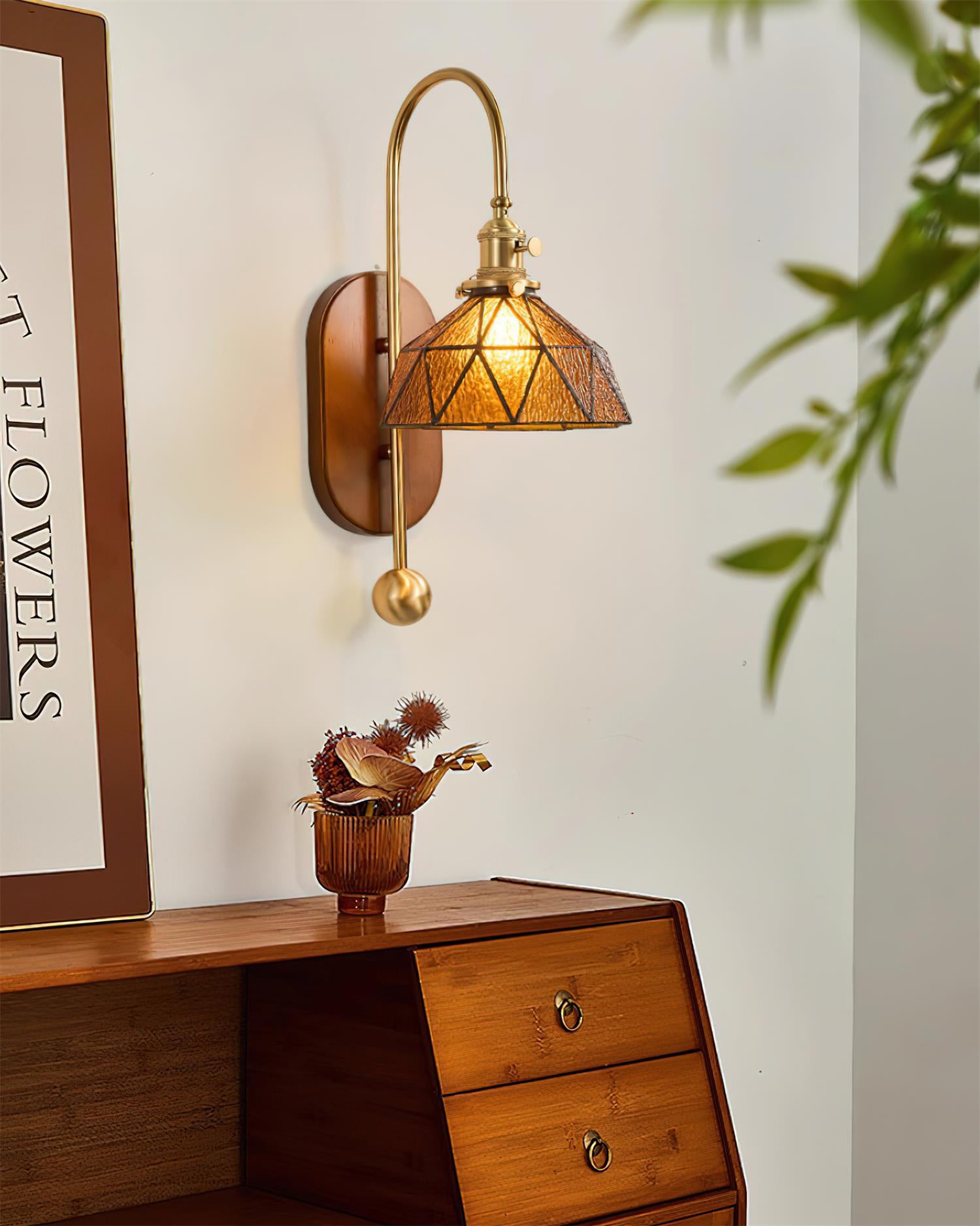 Wall Lamp Metal and Glass Smooth Globe with Wooden Backplate