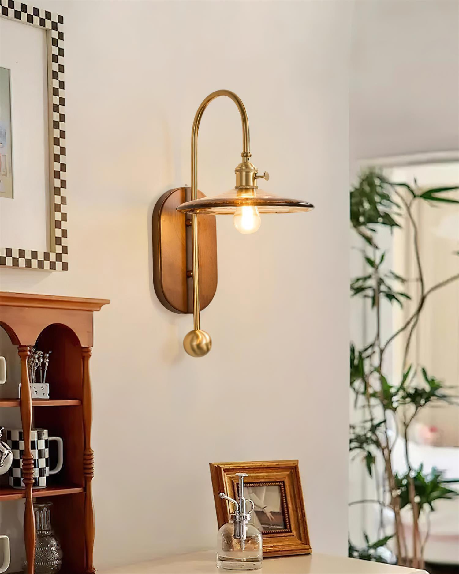 Wall Lamp Metal and Glass Smooth Globe with Wooden Backplate