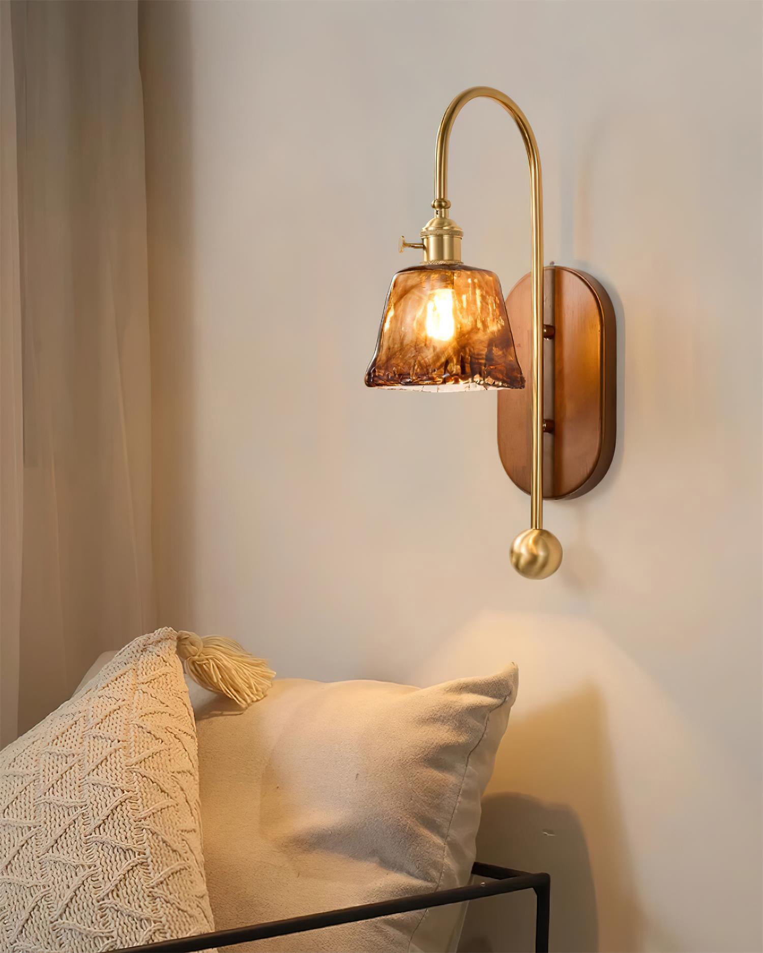 Wall Lamp Metal and Glass Smooth Globe with Wooden Backplate