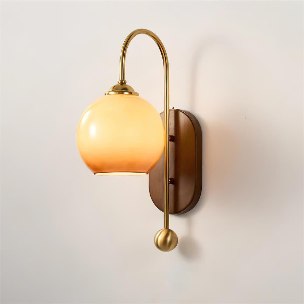 Wall Lamp Metal and Glass Smooth Globe with Wooden Backplate
