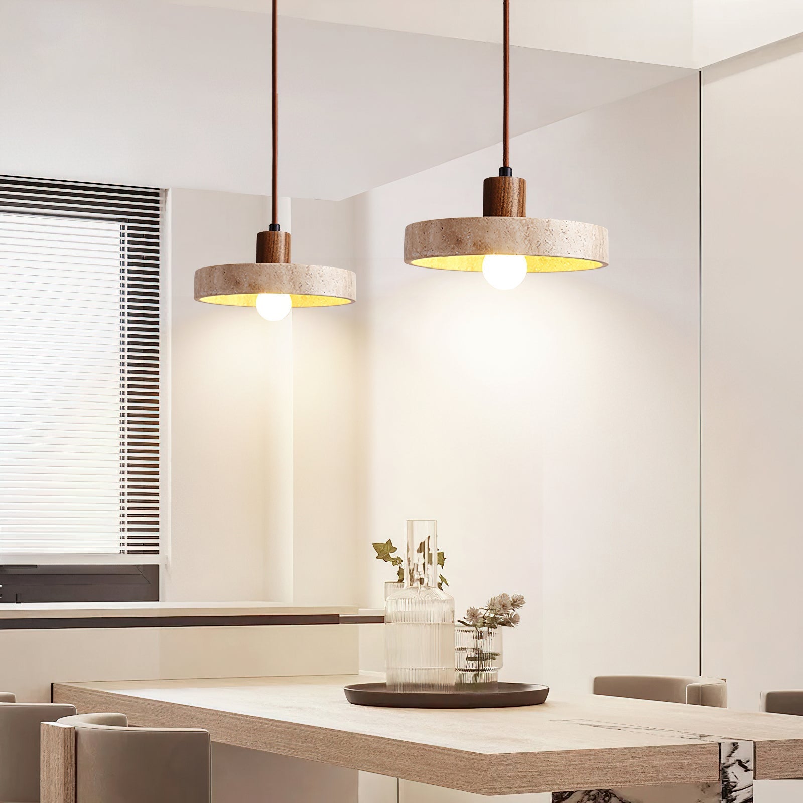Close-up of the Kairi Pendant Lamp's natural travertine stone texture.