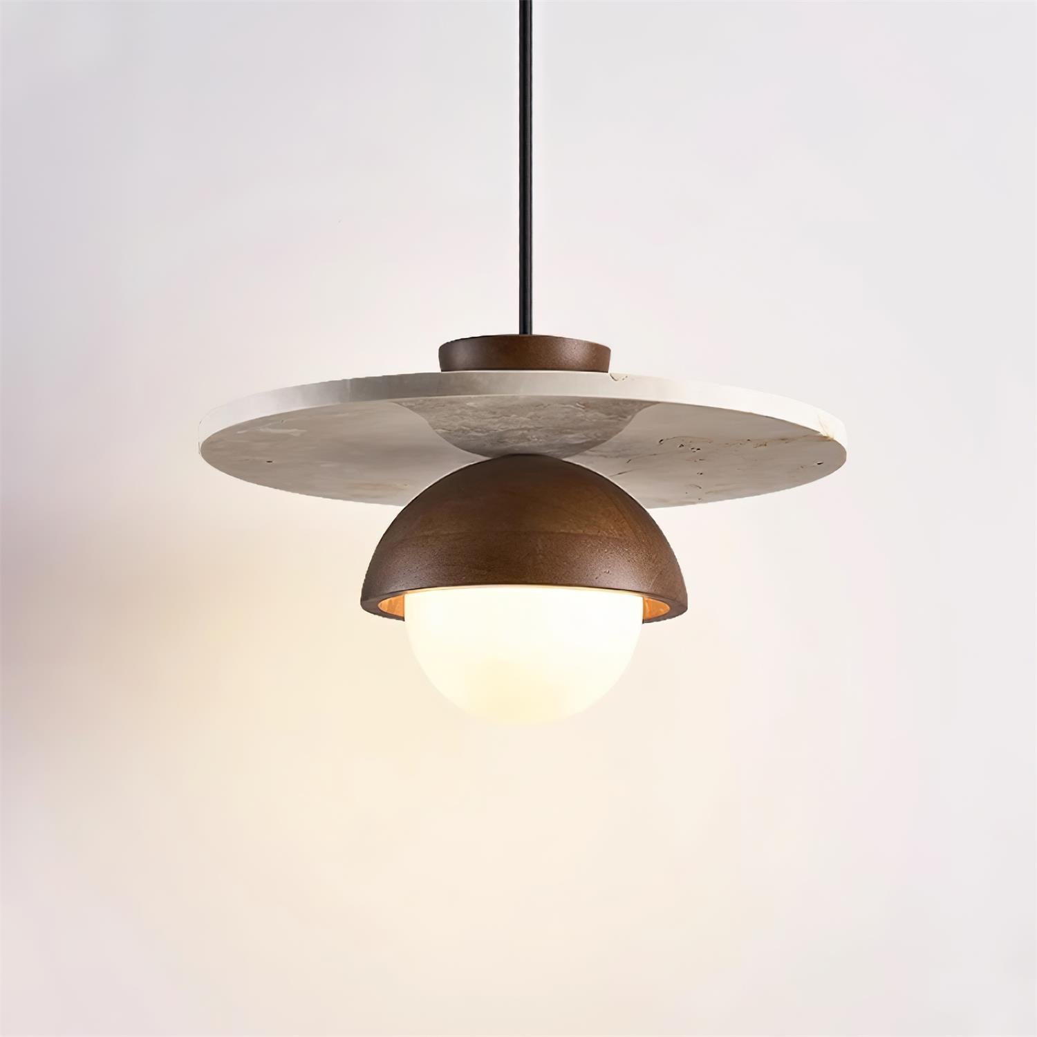 Daren Pendant Lamp Glass Globe Travertine Disc Walnut Wood Natural-Neutral Decor