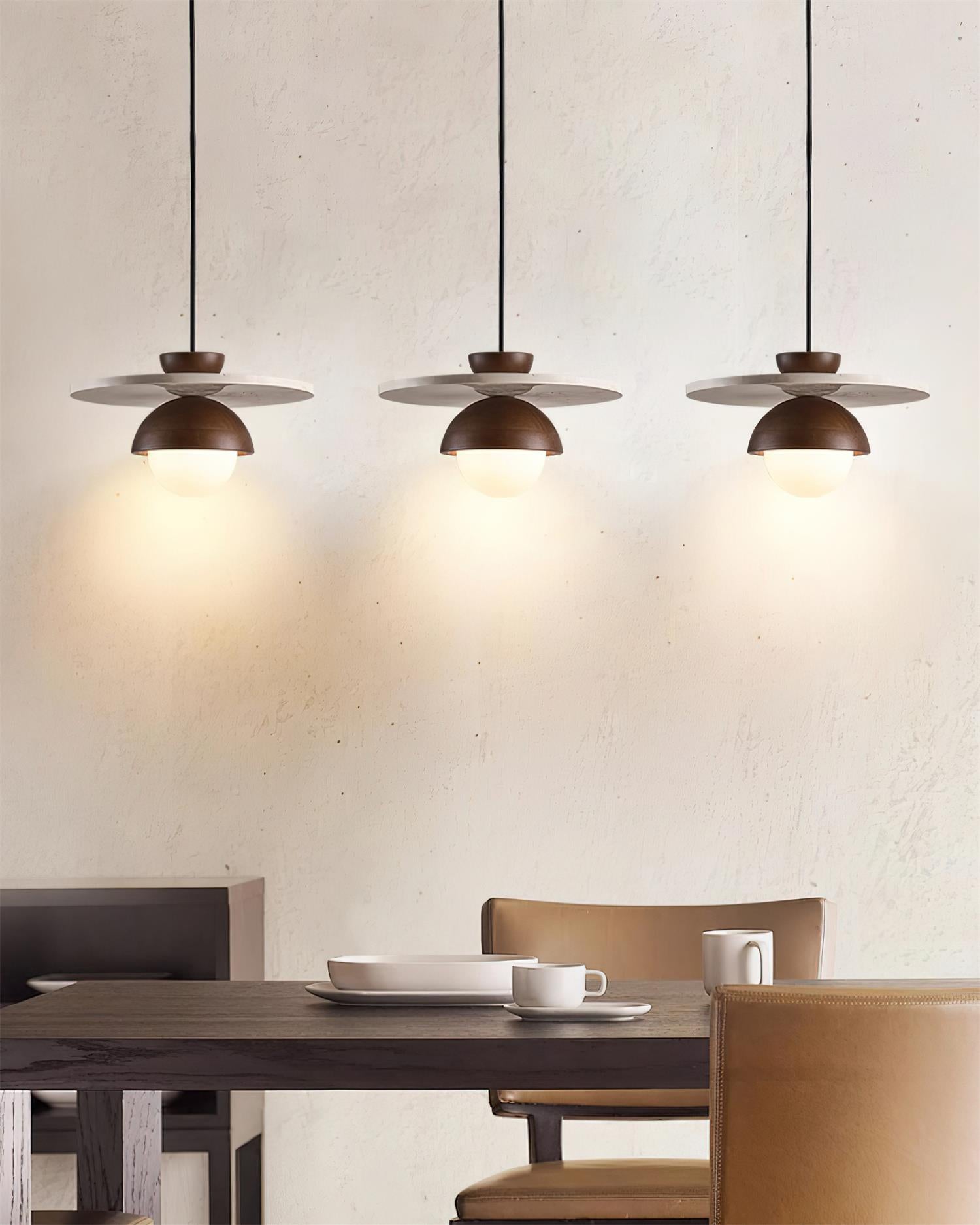 Pendant Lamp Glass Globe Travertine Disc Walnut Wood Natural
