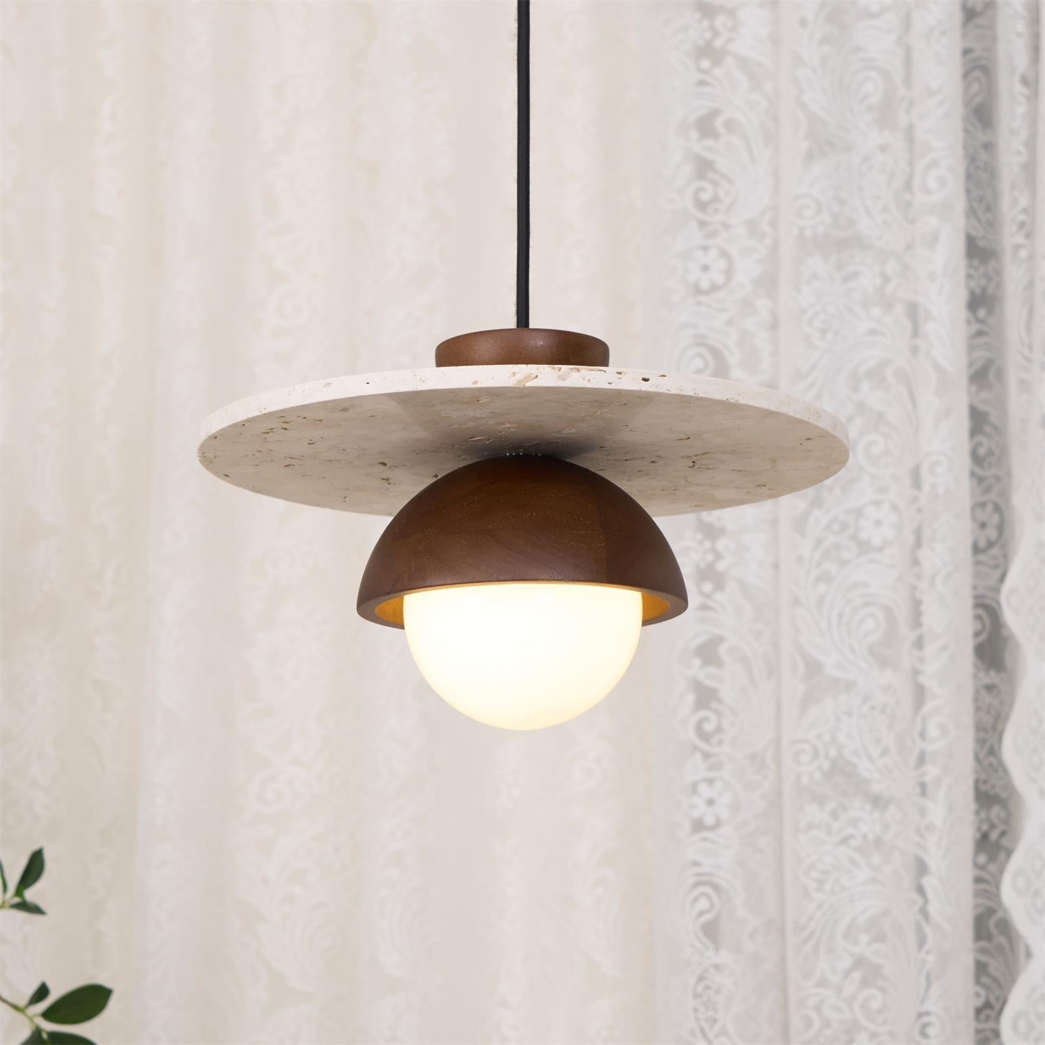 Daren Pendant Lamp Glass Globe Travertine Disc Walnut Wood Natural-Neutral Decor