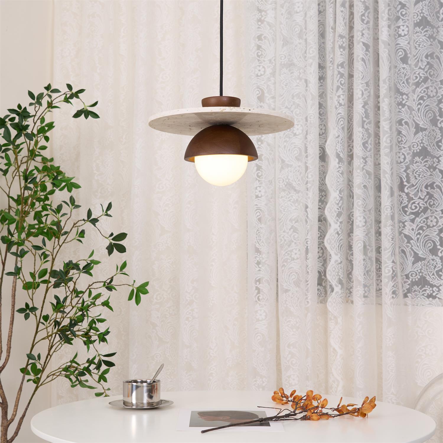 Daren Pendant Lamp Glass Globe Travertine Disc Walnut Wood Natural-Neutral Decor