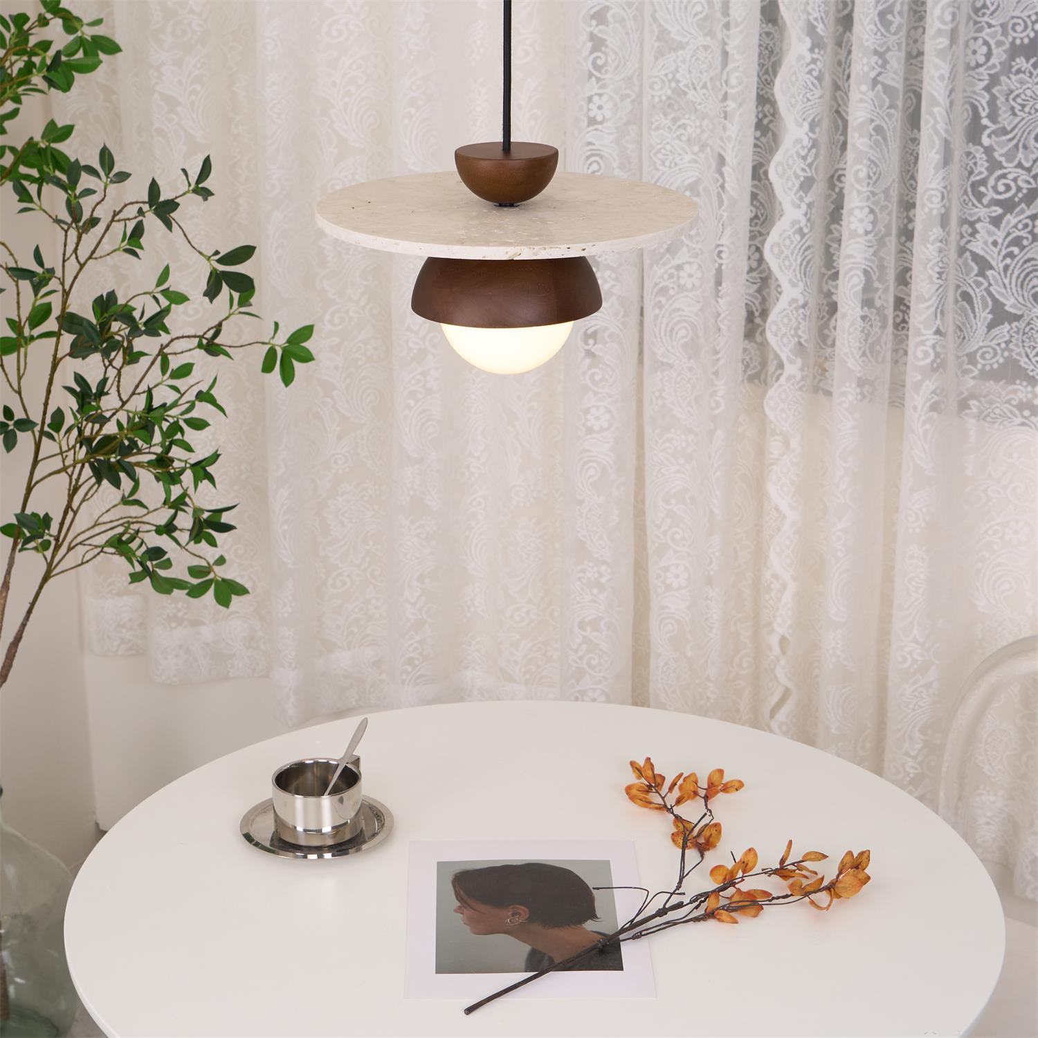 Daren Pendant Lamp Glass Globe Travertine Disc Walnut Wood Natural-Neutral Decor