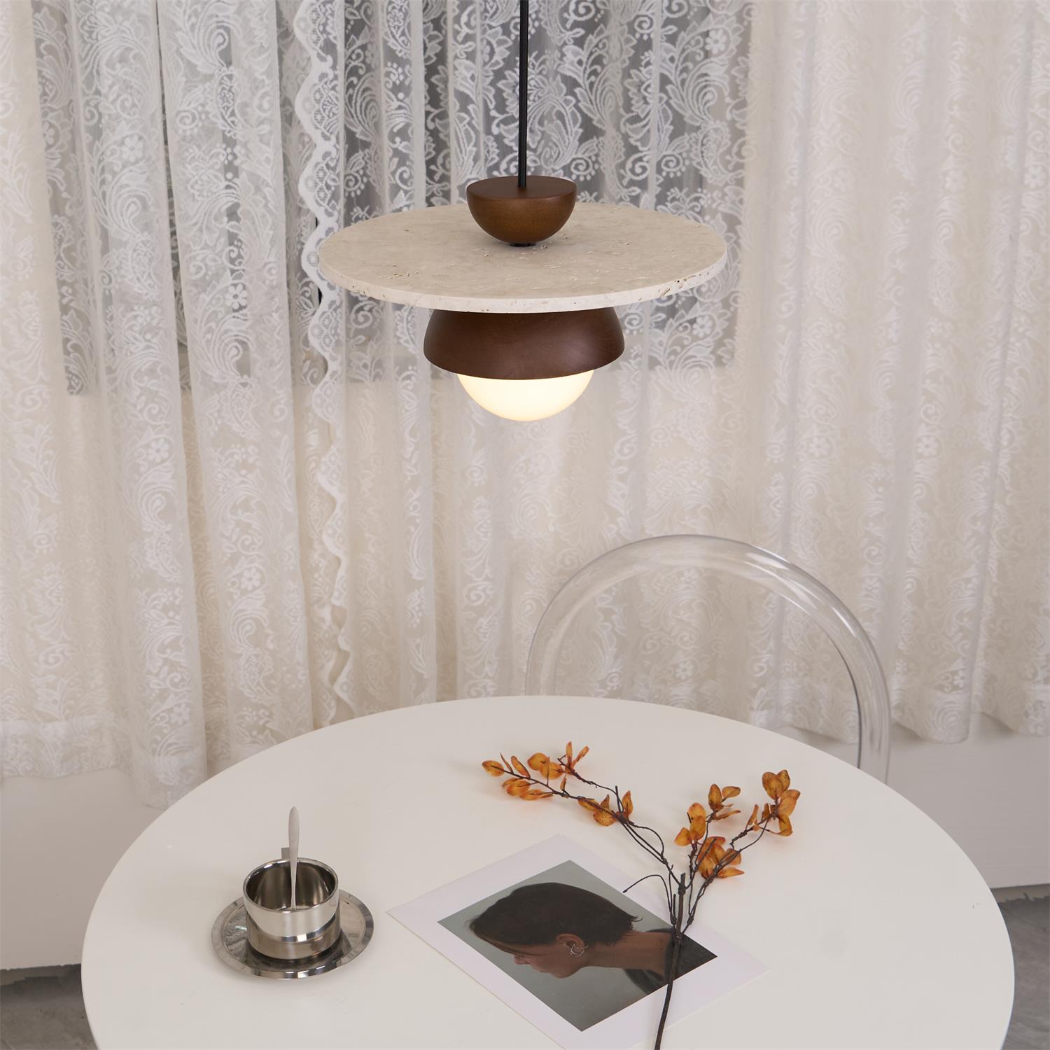 Daren Pendant Lamp Glass Globe Travertine Disc Walnut Wood Natural-Neutral Decor
