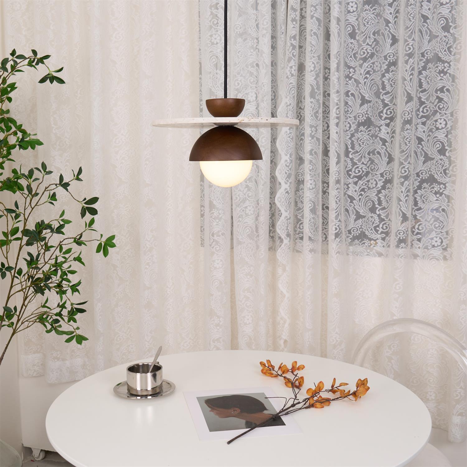 Calvion Pendant Light Travertine Wood Glass Globe-Neutral Decor