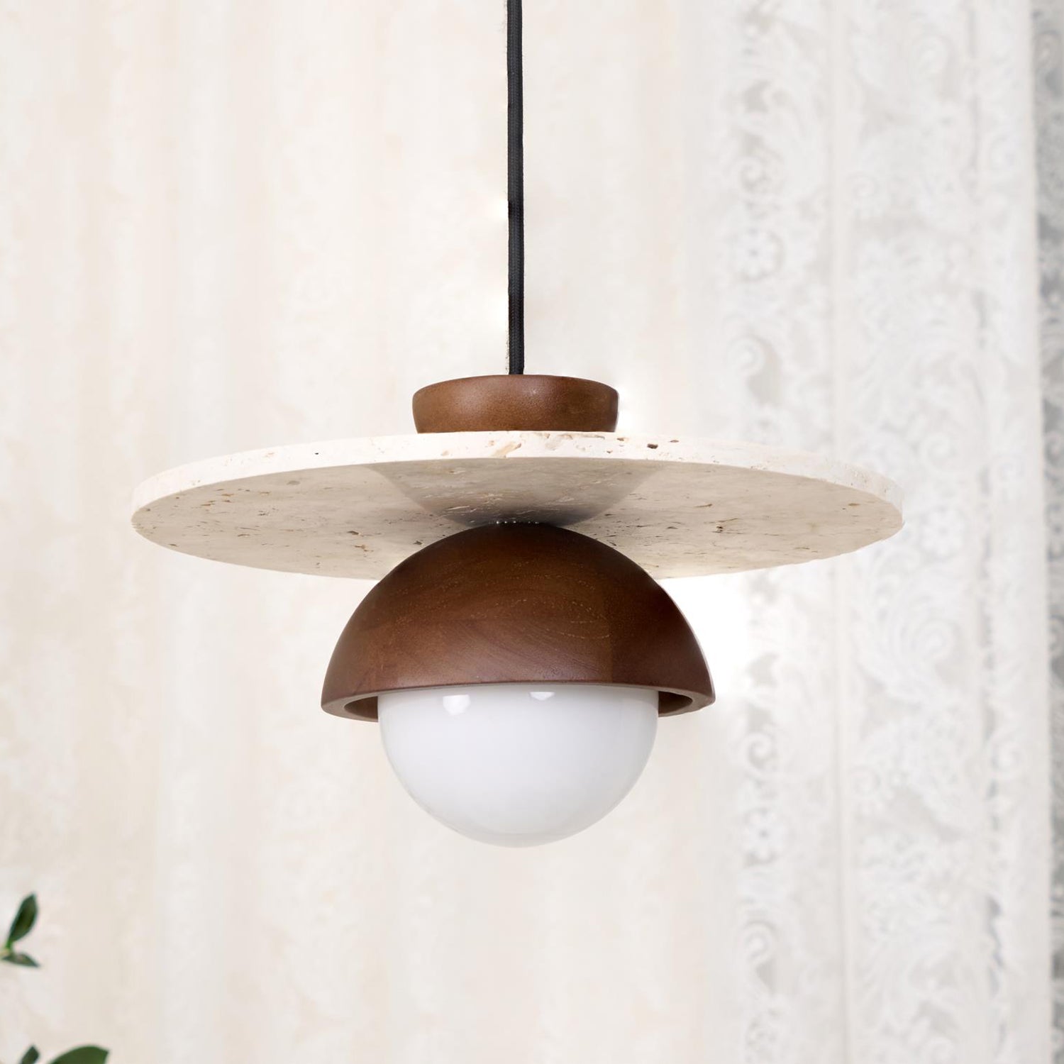 Pendant Lamp Glass Globe Travertine Disc Walnut Wood Natural