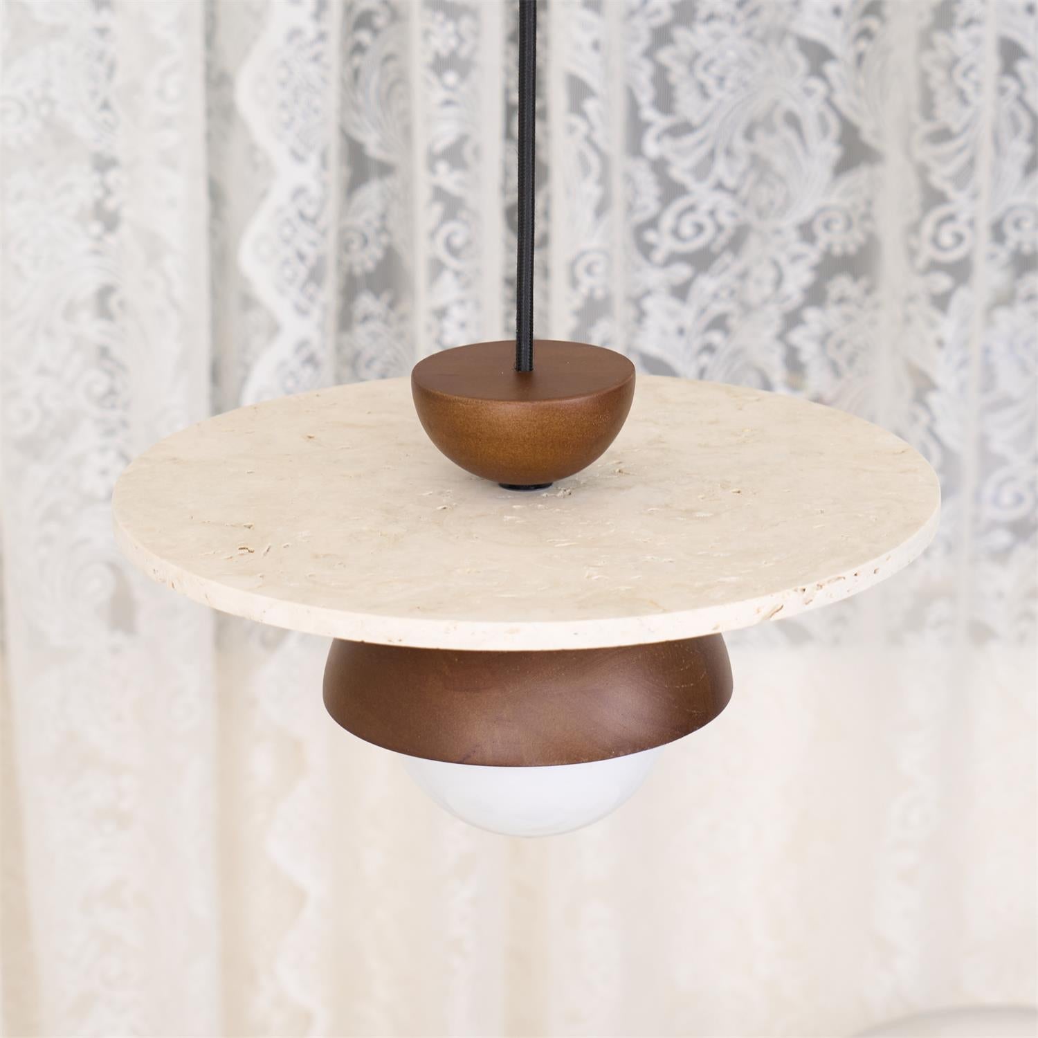 Calvion Pendant Light Travertine Wood Glass Globe-Neutral Decor