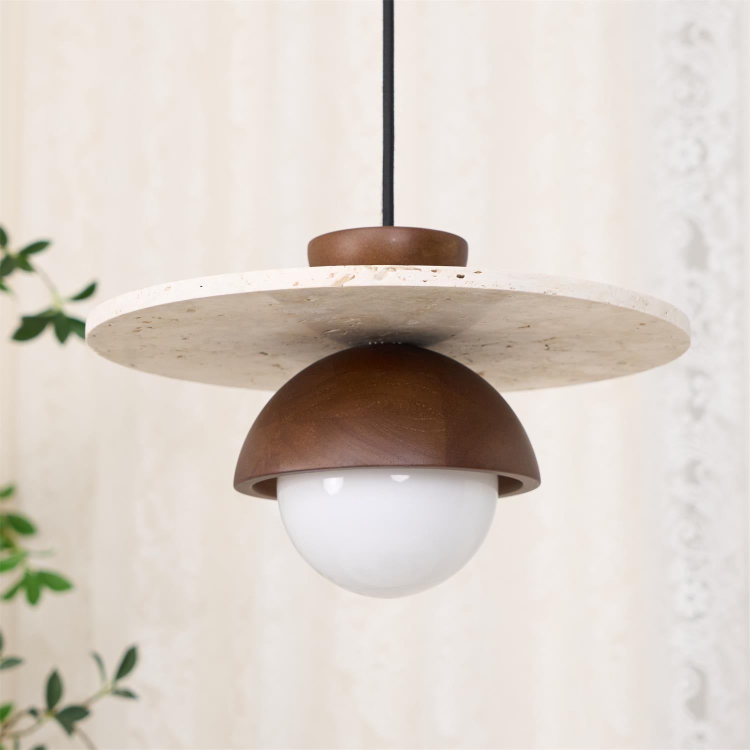 Calvion Pendant Light Travertine Wood Glass Globe-Neutral Decor