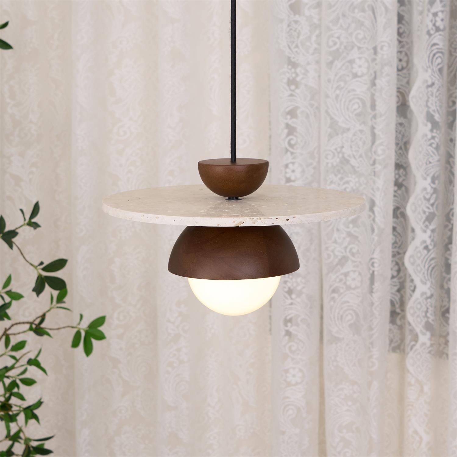 Daren Pendant Lamp Glass Globe Travertine Disc Walnut Wood Natural-Neutral Decor