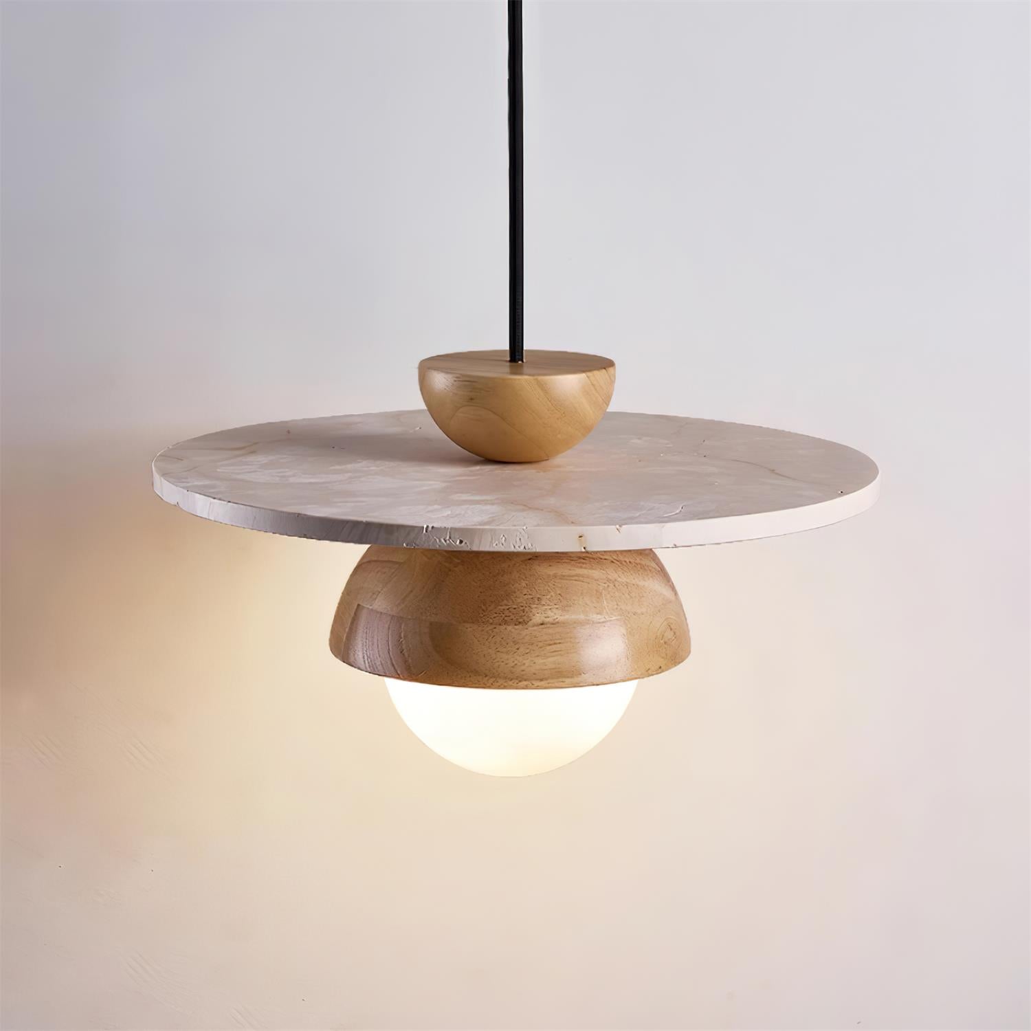 Daren Pendant Lamp Glass Globe Travertine Disc Walnut Wood Natural-Neutral Decor