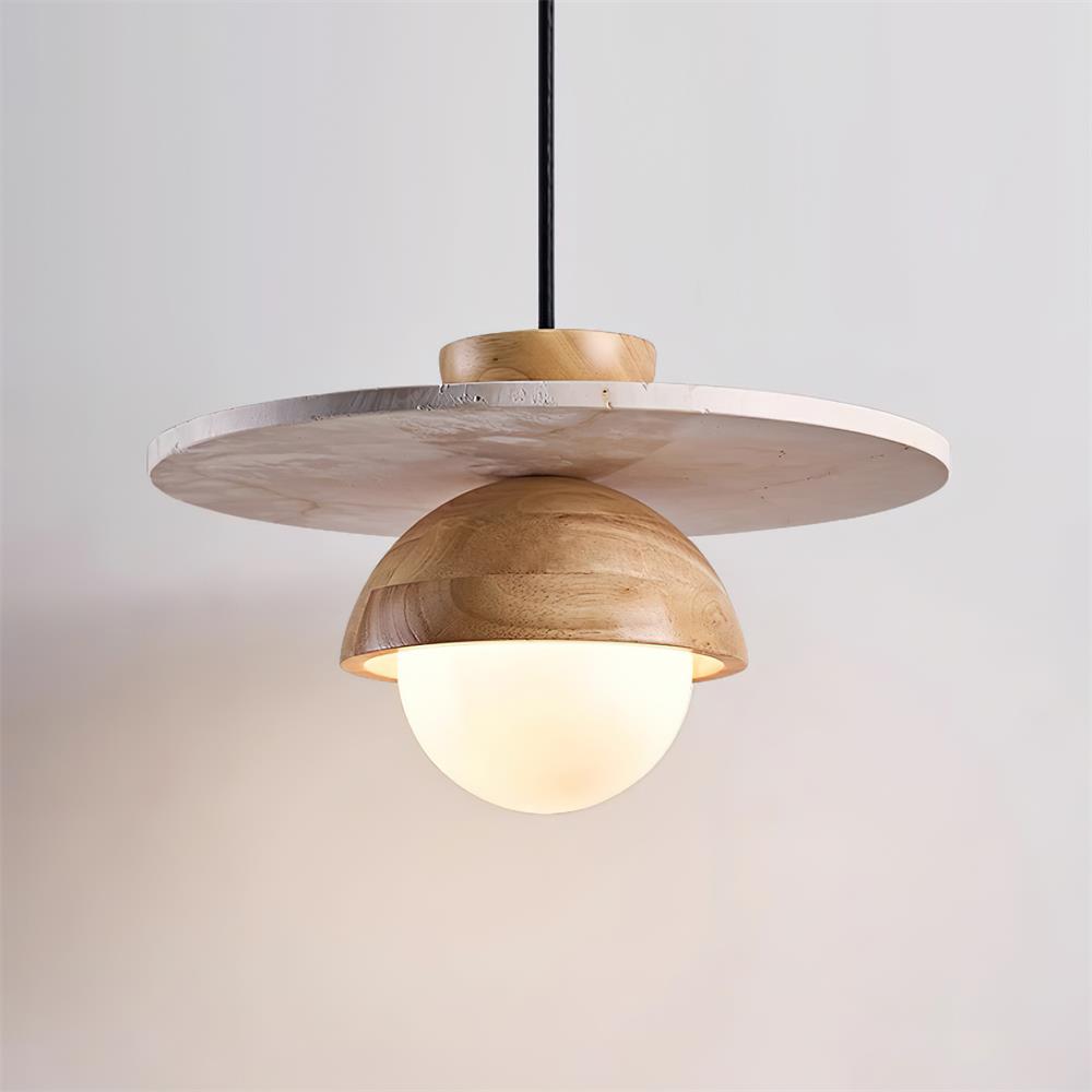 Daren Pendant Lamp Glass Globe Travertine Disc Walnut Wood Natural-Neutral Decor