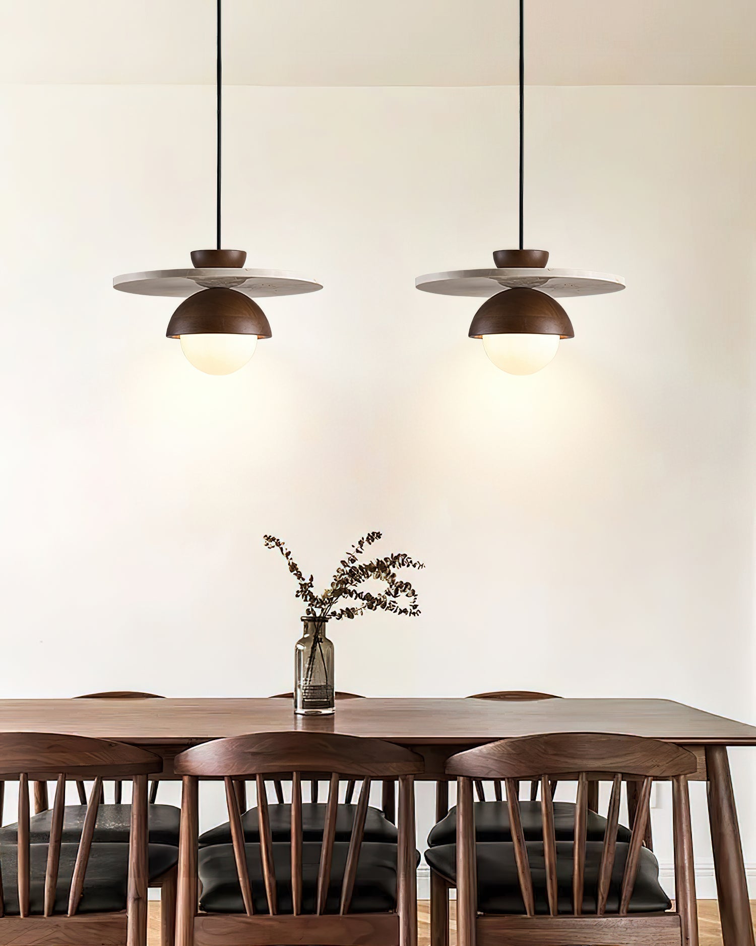 Pendant Lamp Glass Globe Travertine Disc Walnut Wood Natural