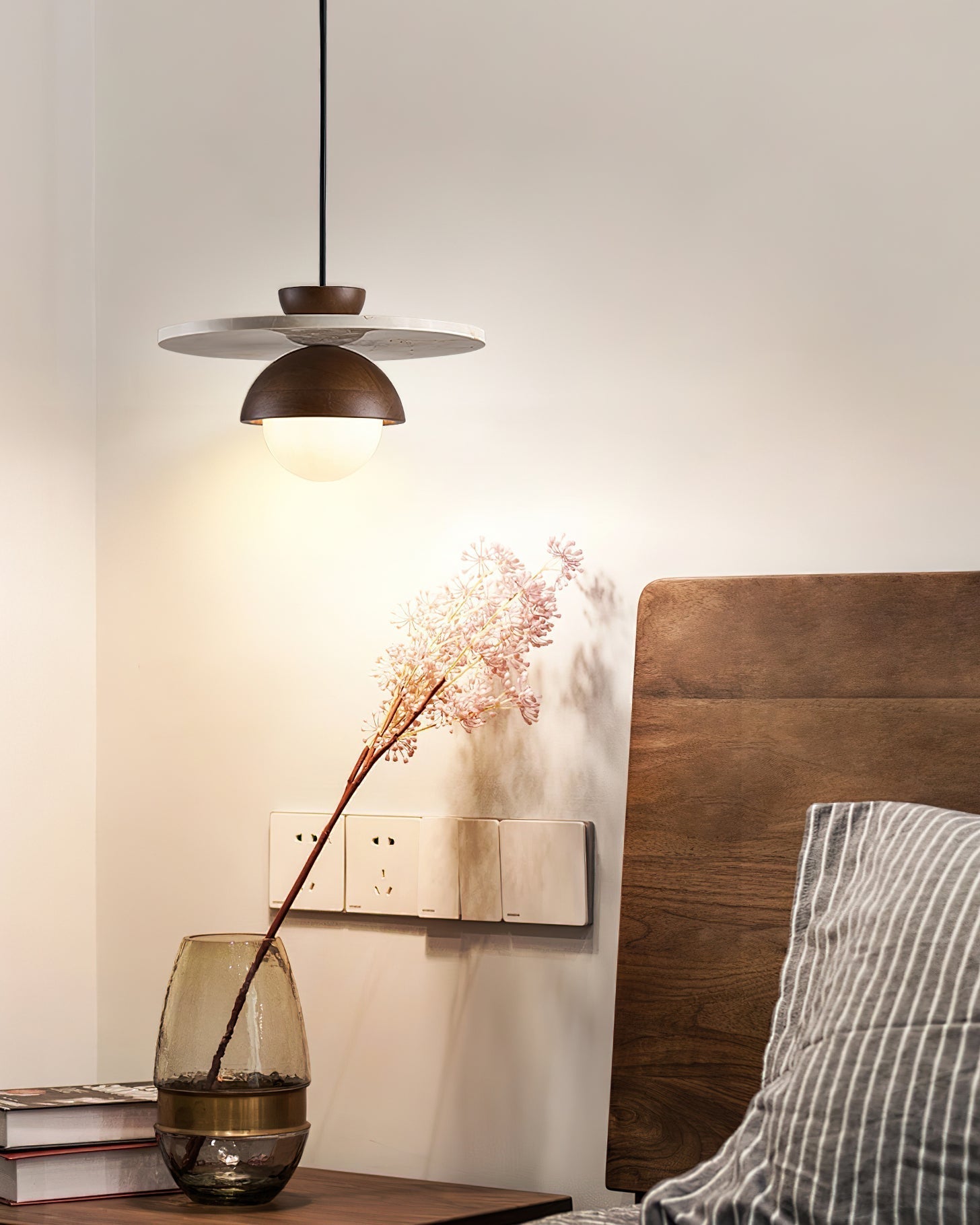 Daren Pendant Lamp Glass Globe Travertine Disc Walnut Wood Natural-Neutral Decor