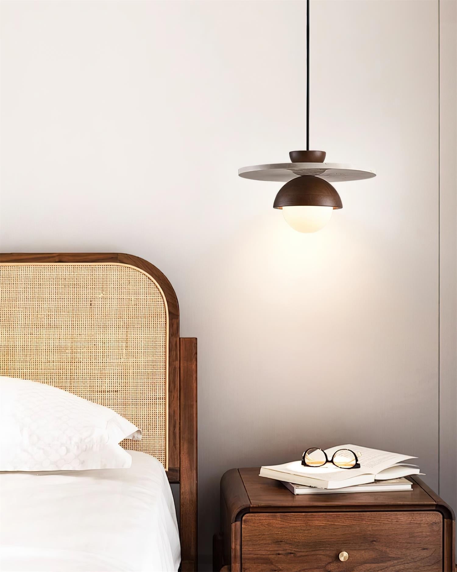 Pendant Lamp Glass Globe Travertine Disc Walnut Wood Natural