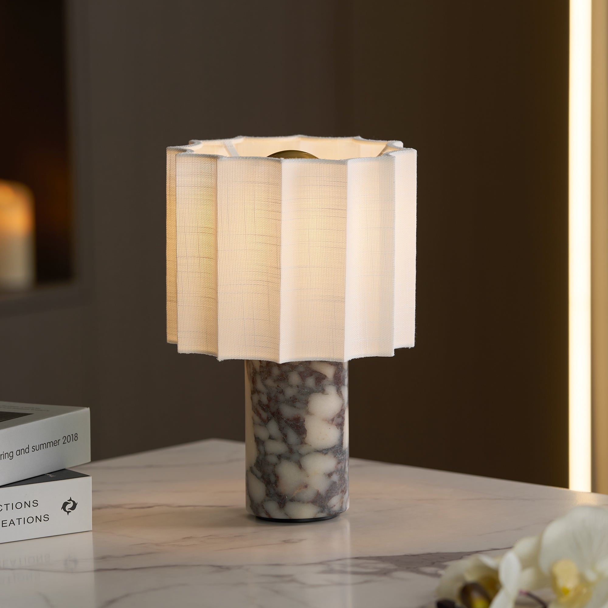 Serenity Pleated Fabric & Marble Table Lamp-Neutral Decor