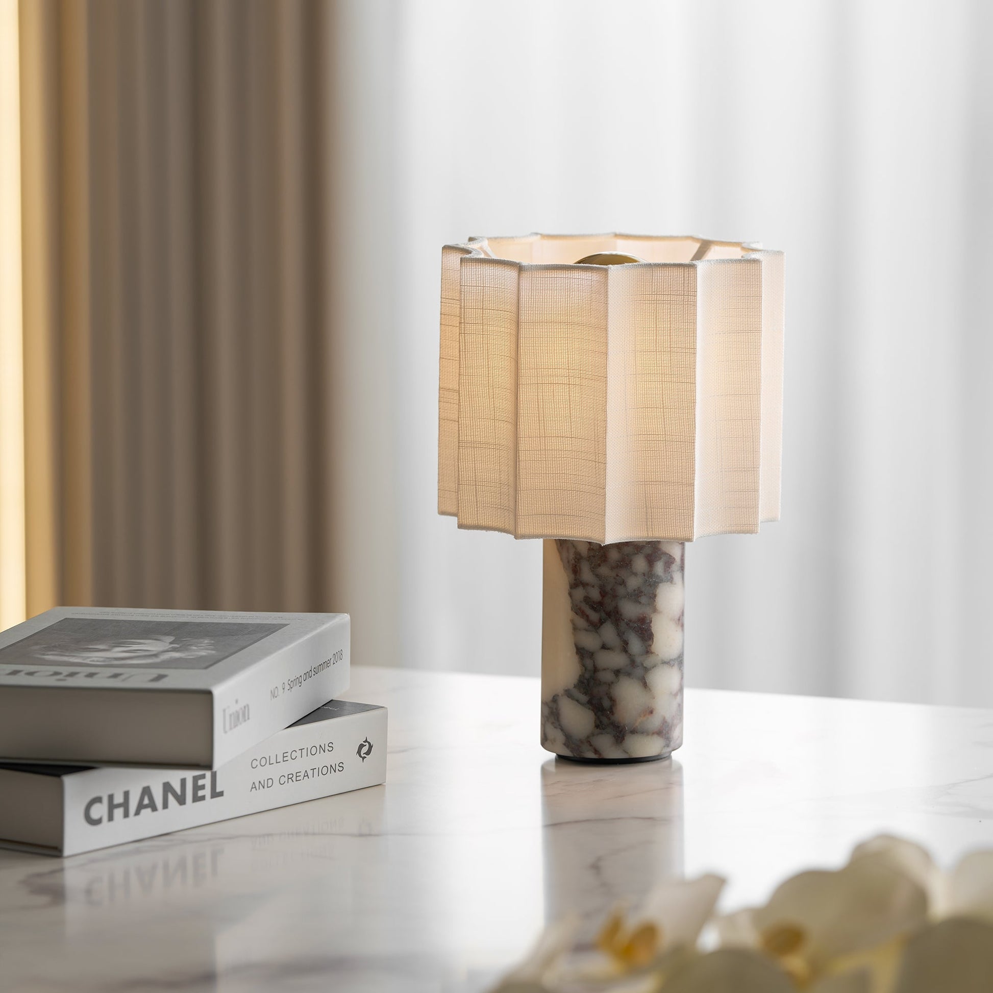 Serenity Pleated Fabric & Marble Table Lamp-Neutral Decor