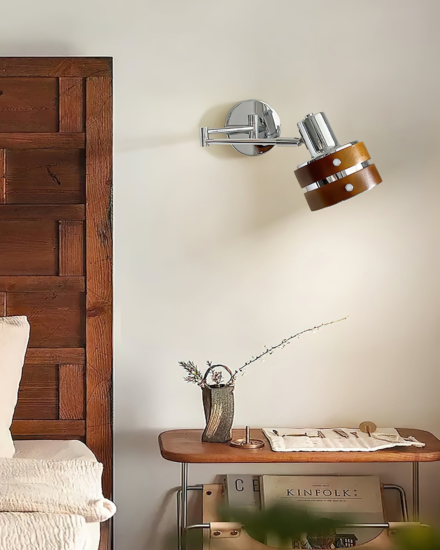 Wall Lamp Metal & Wood Barrel Shade Adjustable Mid-Century