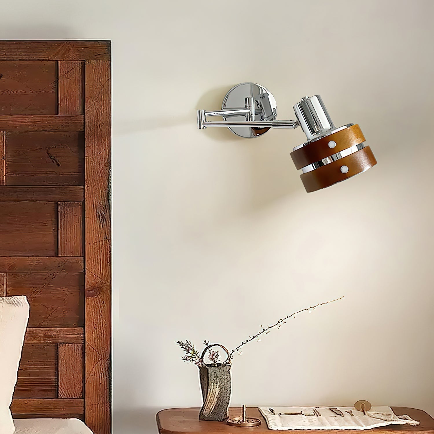 Wall Lamp Metal & Wood Barrel Shade Adjustable Mid-Century