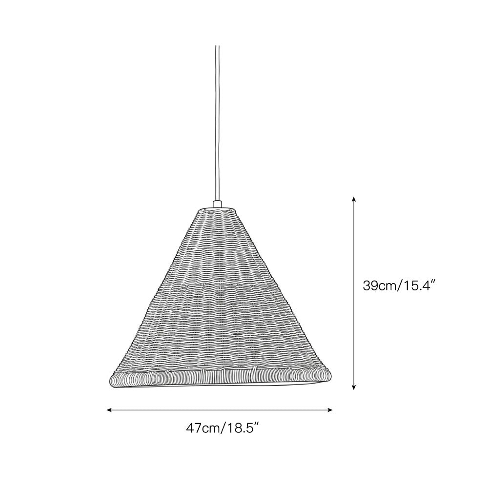 The conical pendant lamp hanging over a dining table.