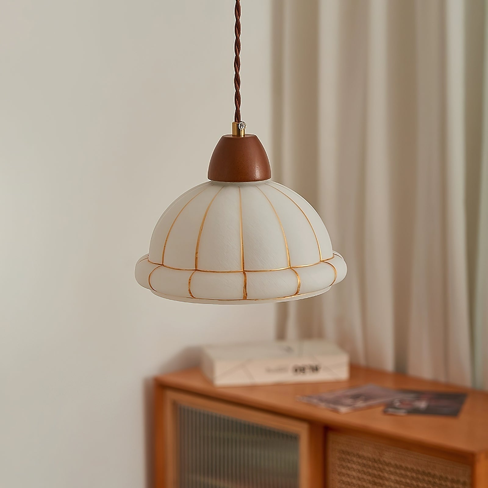 Pendant Lamp Glass Dome Shade Walnut Wood Accent Minimalist