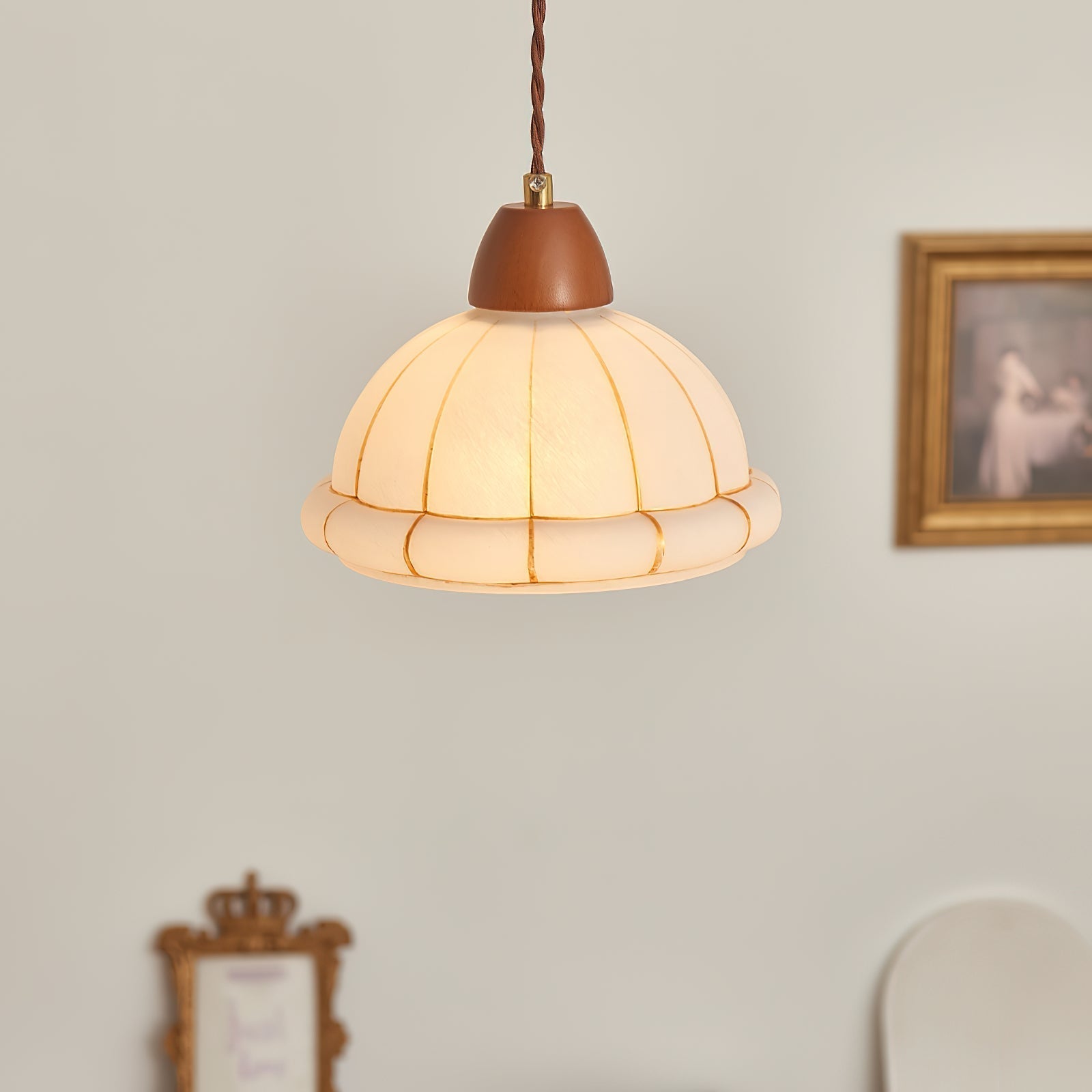 Pendant Lamp Glass Dome Shade Walnut Wood Accent Minimalist