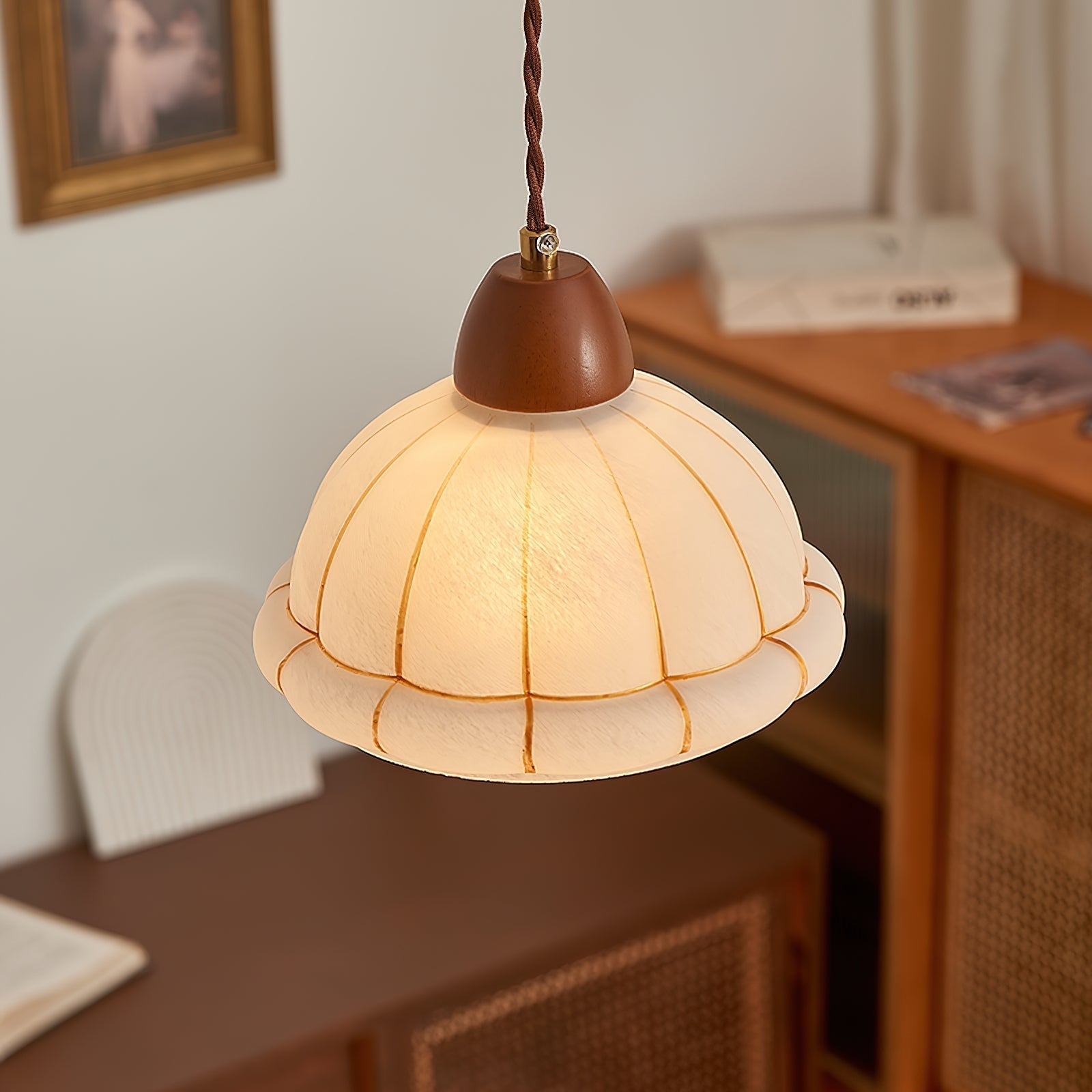 Pendant Lamp Glass Dome Shade Walnut Wood Accent Minimalist
