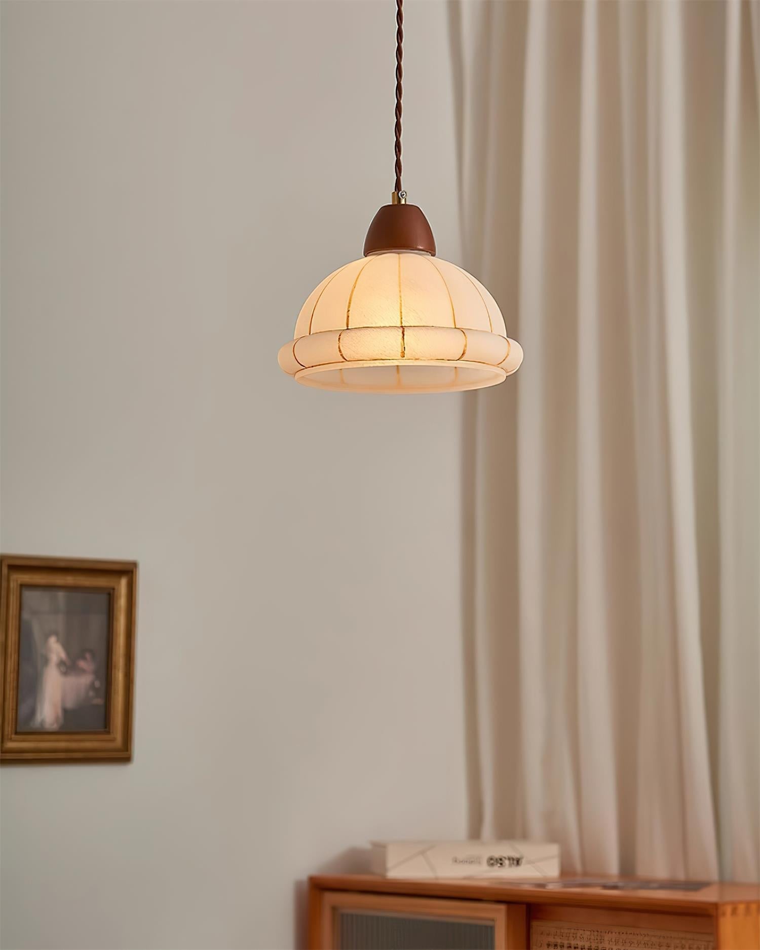 Pendant Lamp Glass Dome Shade Walnut Wood Accent Minimalist