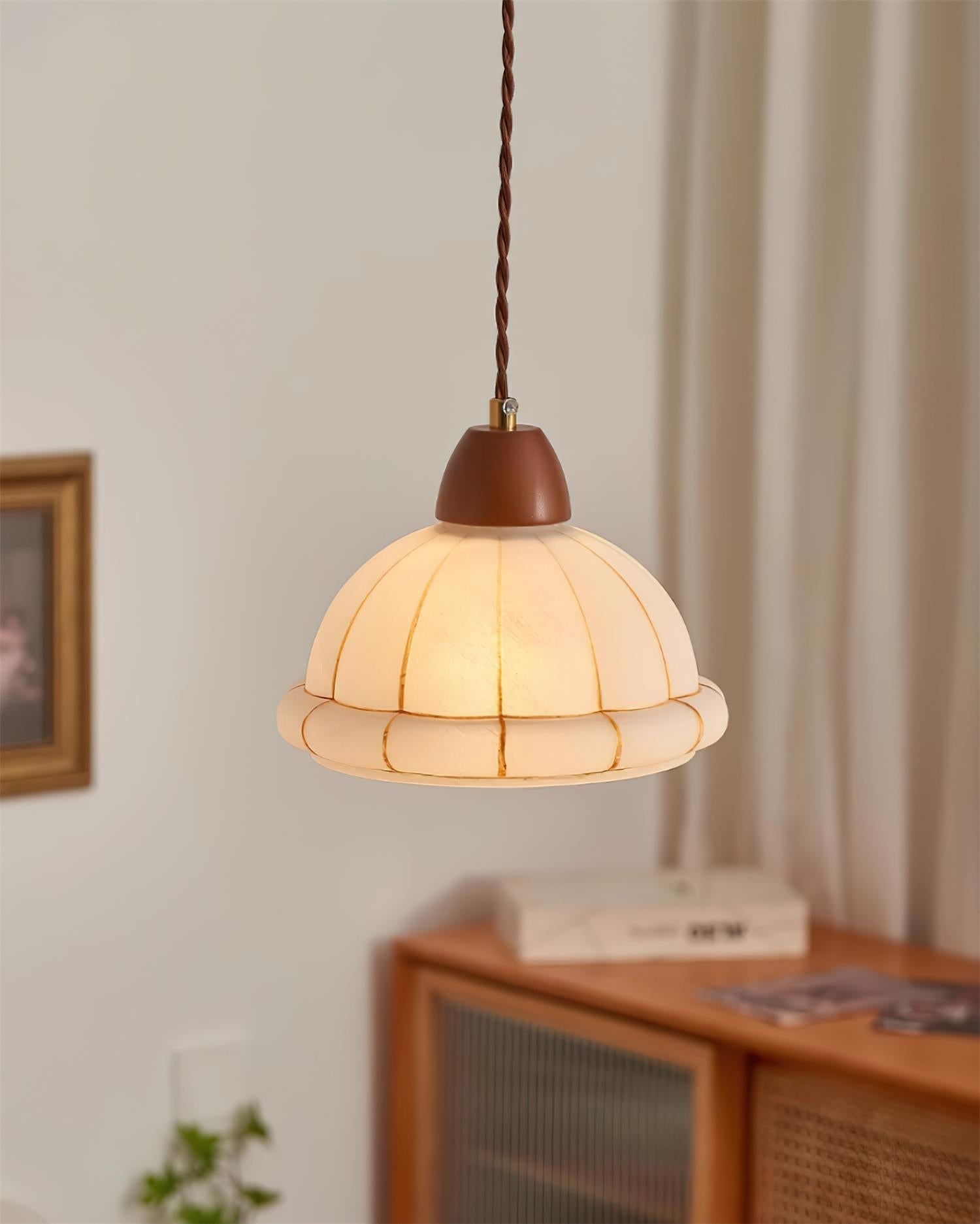 Pendant Lamp Glass Dome Shade Walnut Wood Accent Minimalist