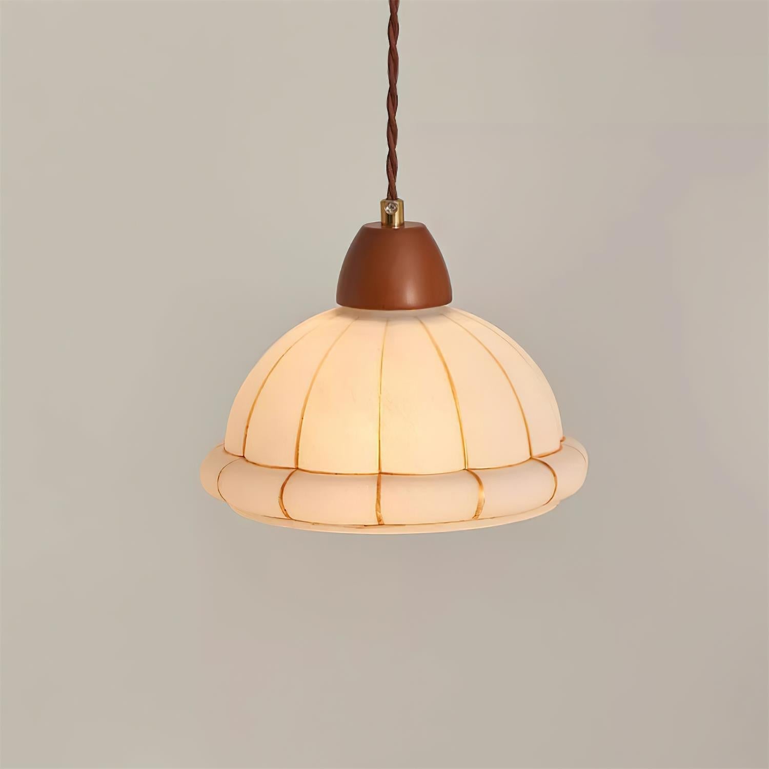 Pendant Lamp Glass Dome Shade Walnut Wood Accent Minimalist