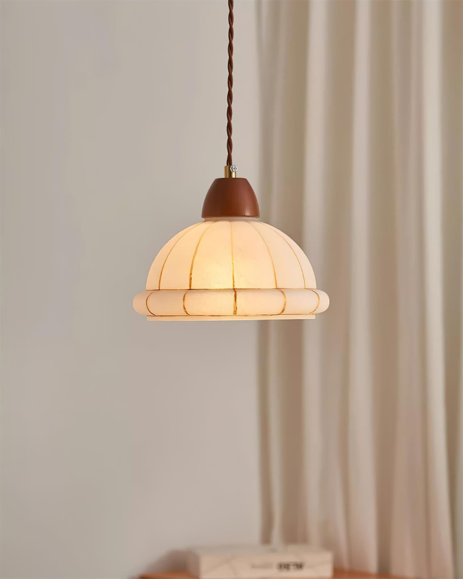 Pendant Lamp Glass Dome Shade Walnut Wood Accent Minimalist