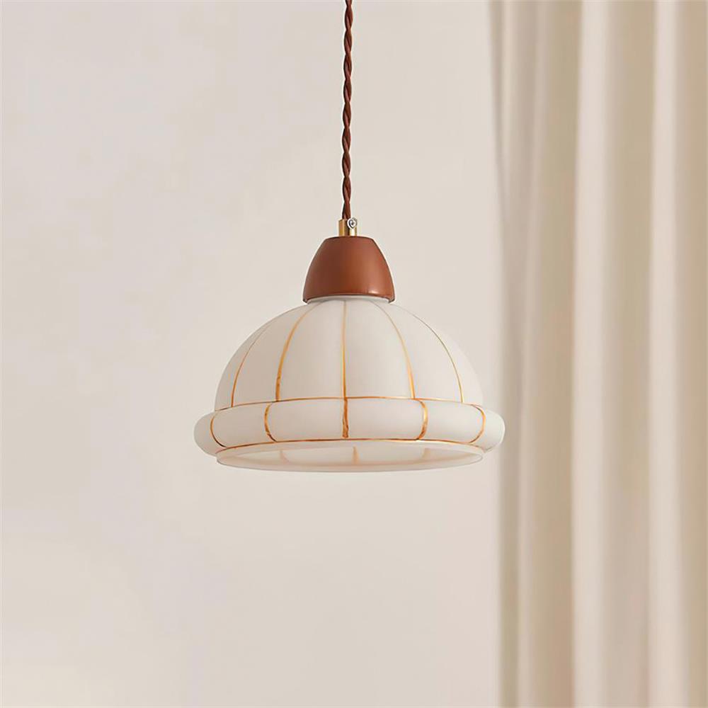 Pendant Lamp Glass Dome Shade Walnut Wood Accent Minimalist