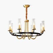 Chandelier Black Round Frame Brass Arms Ribbed Glass-Neutral Decor