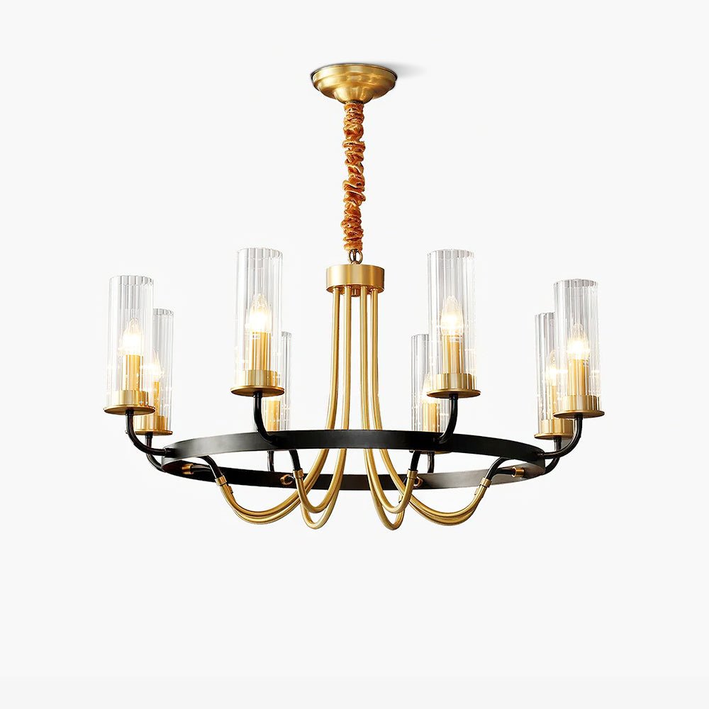 Chandelier Black Round Frame Brass Arms Ribbed Glass-Neutral Decor