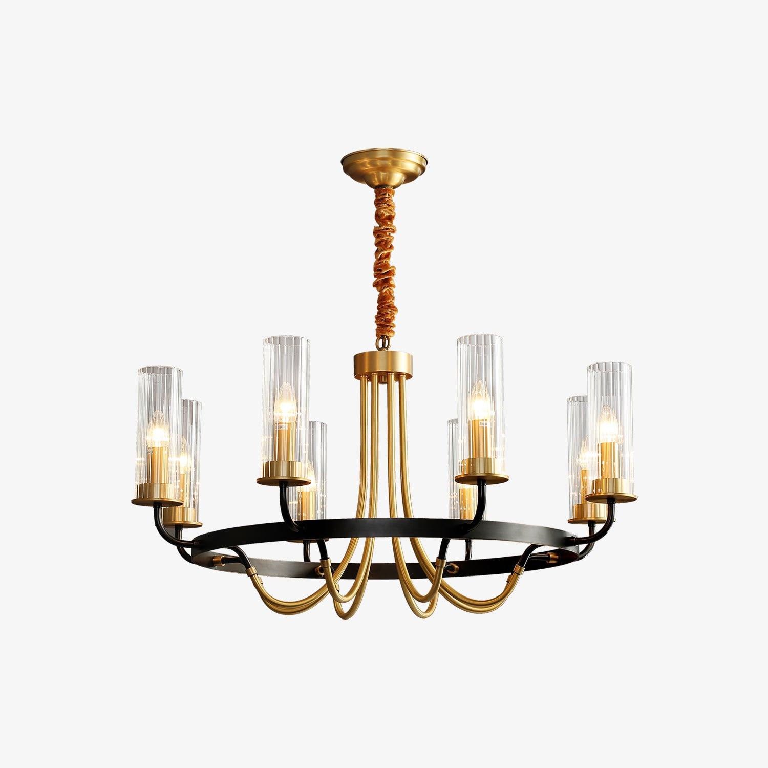 Chandelier Black Round Frame Brass Arms Ribbed Glass-Neutral Decor