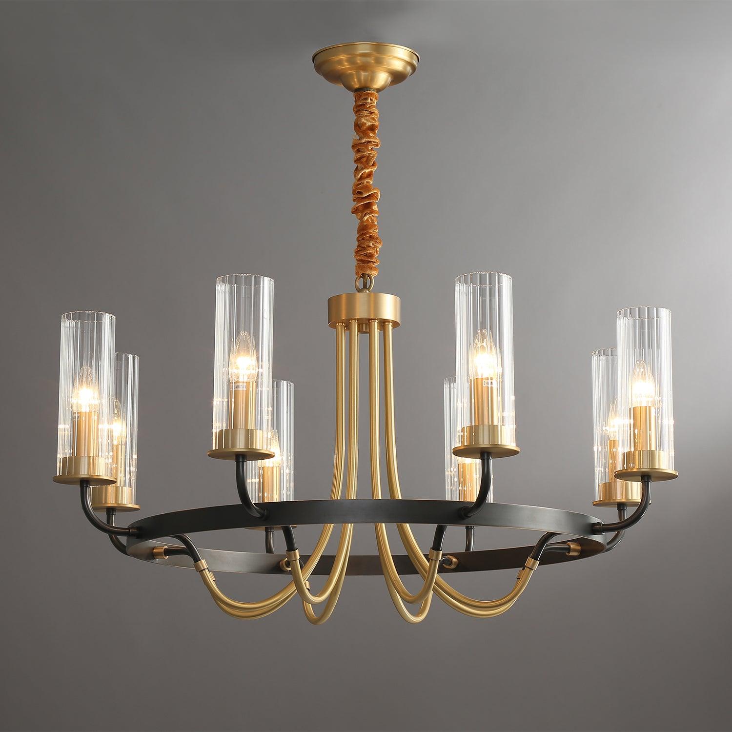 Chandelier Black Round Frame Brass Arms Ribbed Glass-Neutral Decor