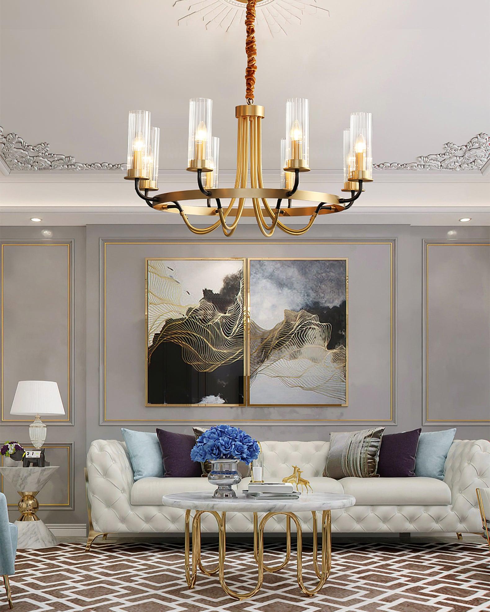 Chandelier Black Round Frame Brass Arms Ribbed Glass-Neutral Decor