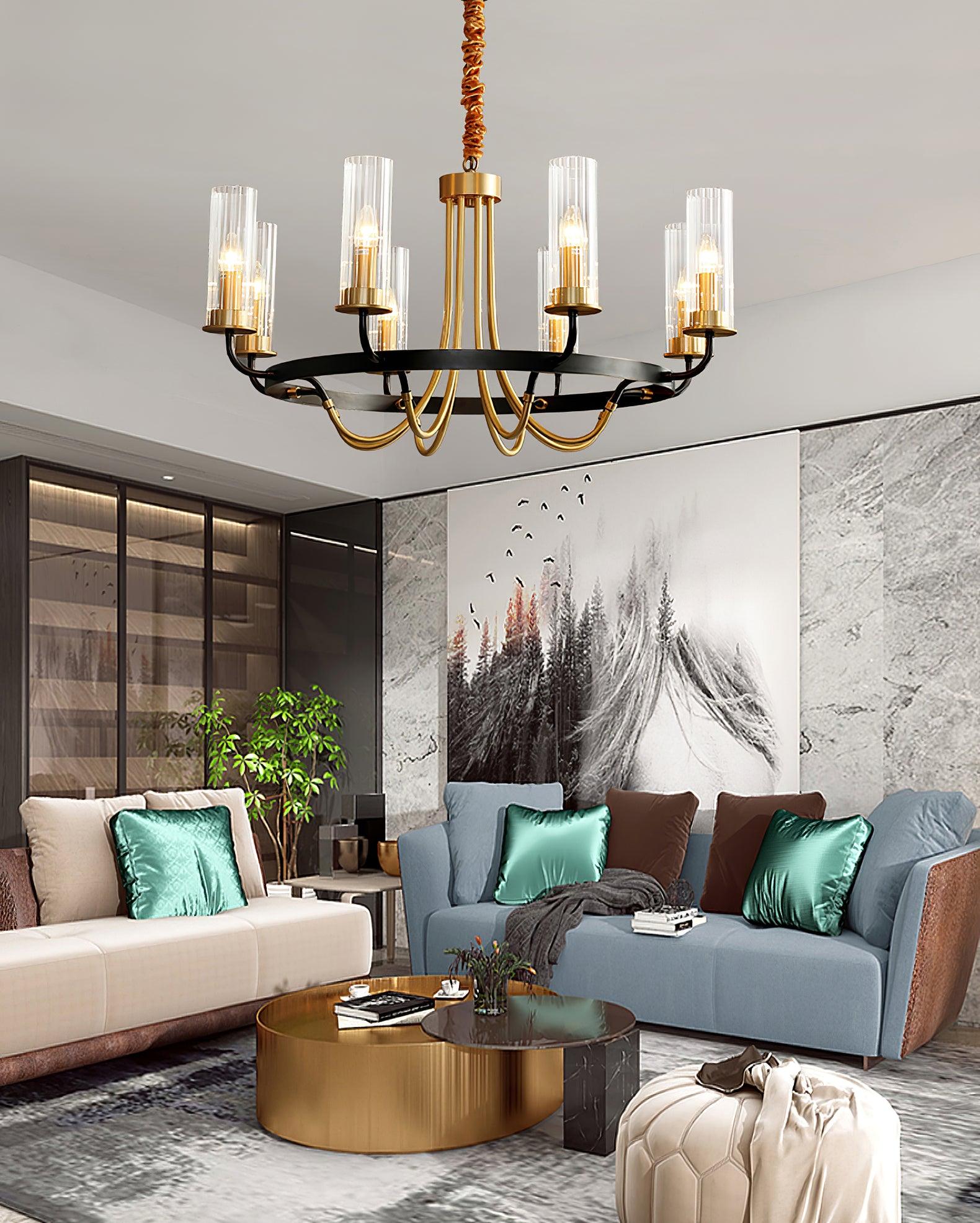 Chandelier Black Round Frame Brass Arms Ribbed Glass-Neutral Decor