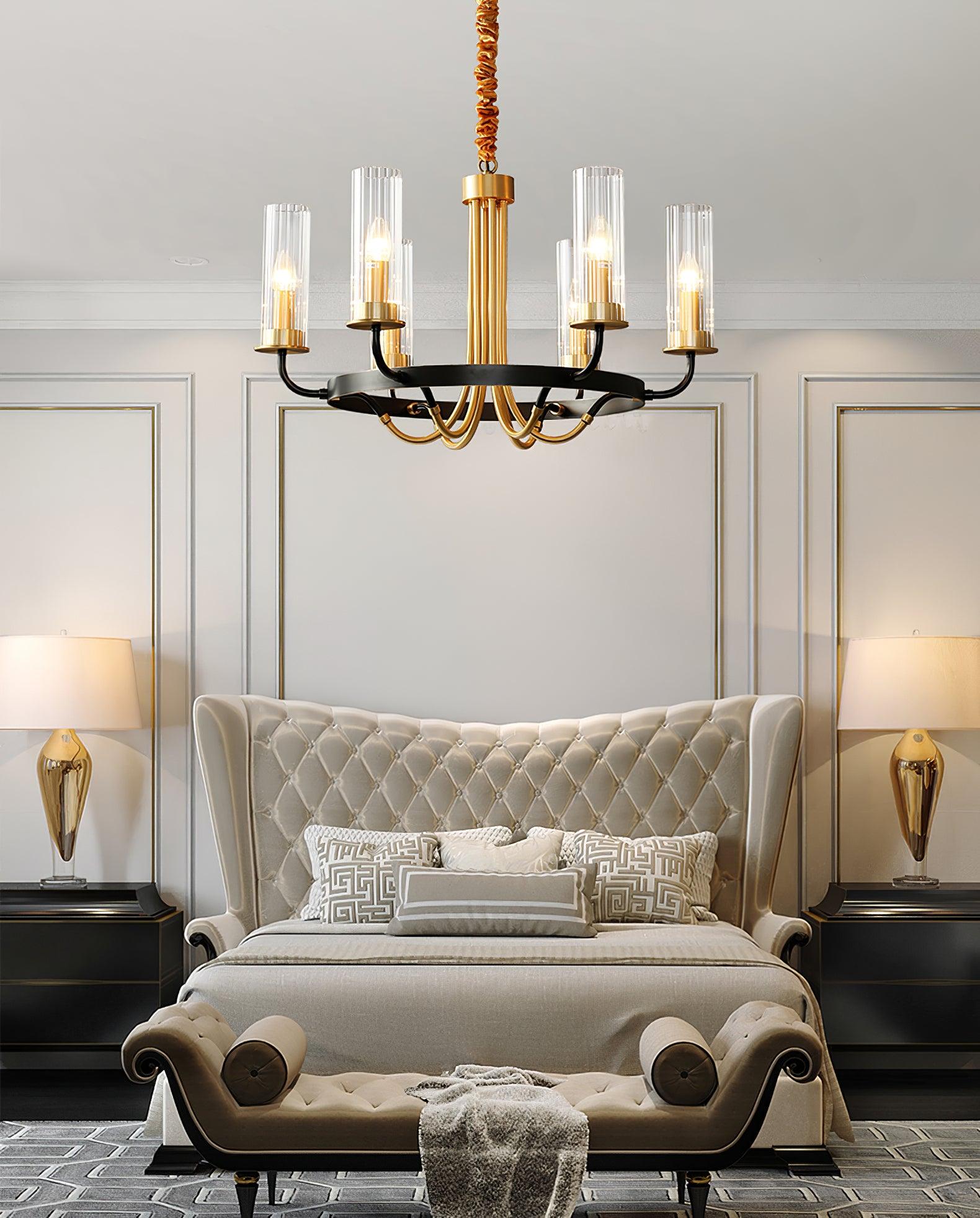 Chandelier Black Round Frame Brass Arms Ribbed Glass-Neutral Decor