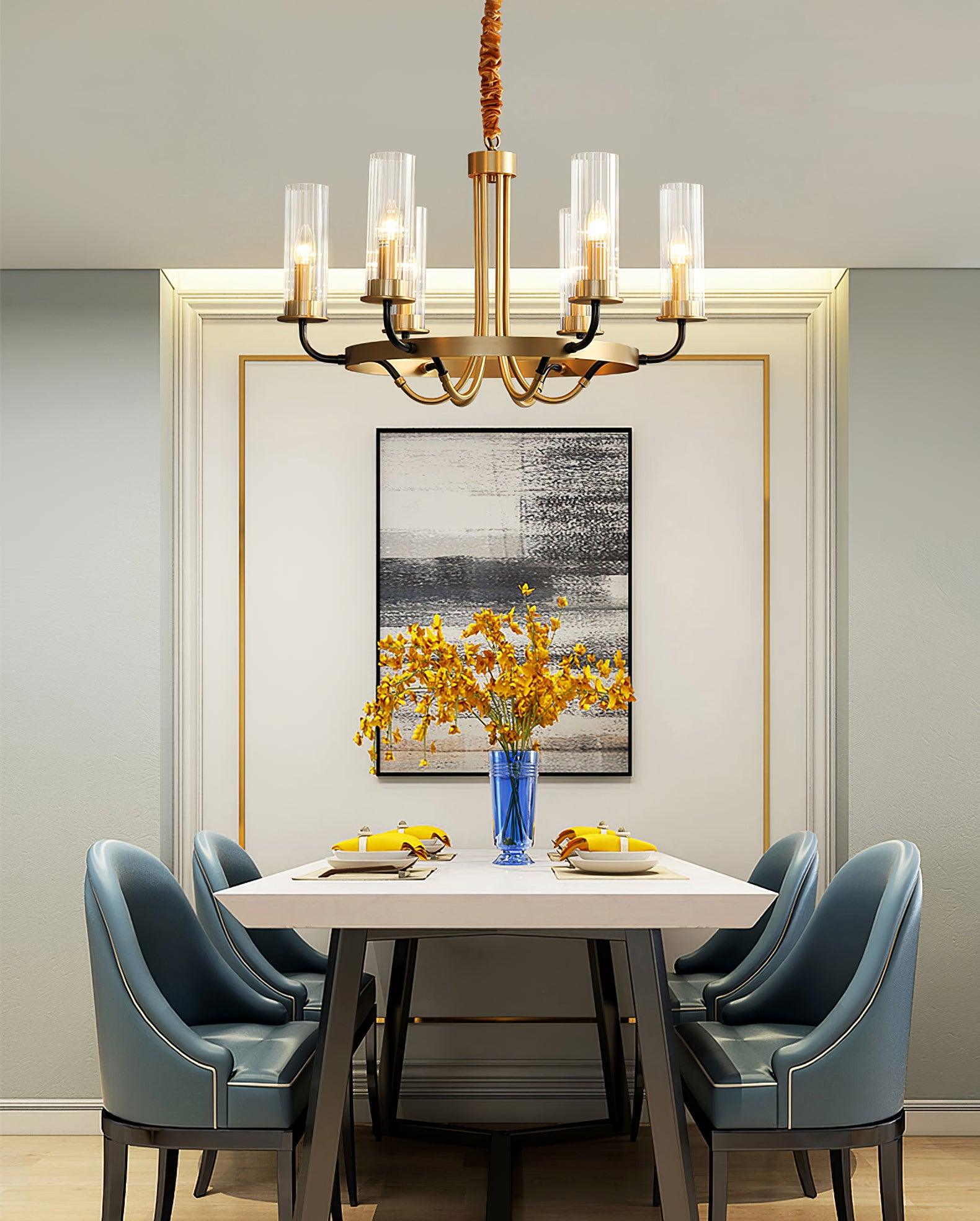 Chandelier Black Round Frame Brass Arms Ribbed Glass-Neutral Decor