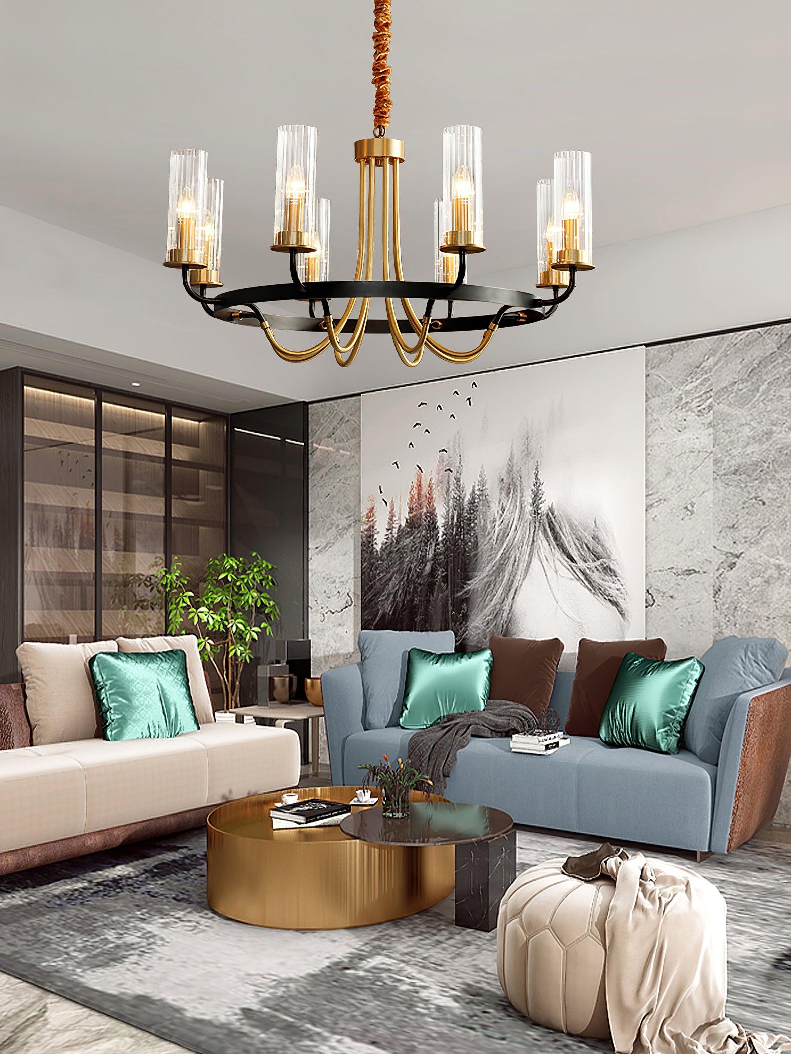 Chandelier Black Round Frame Brass Arms Ribbed Glass-Neutral Decor