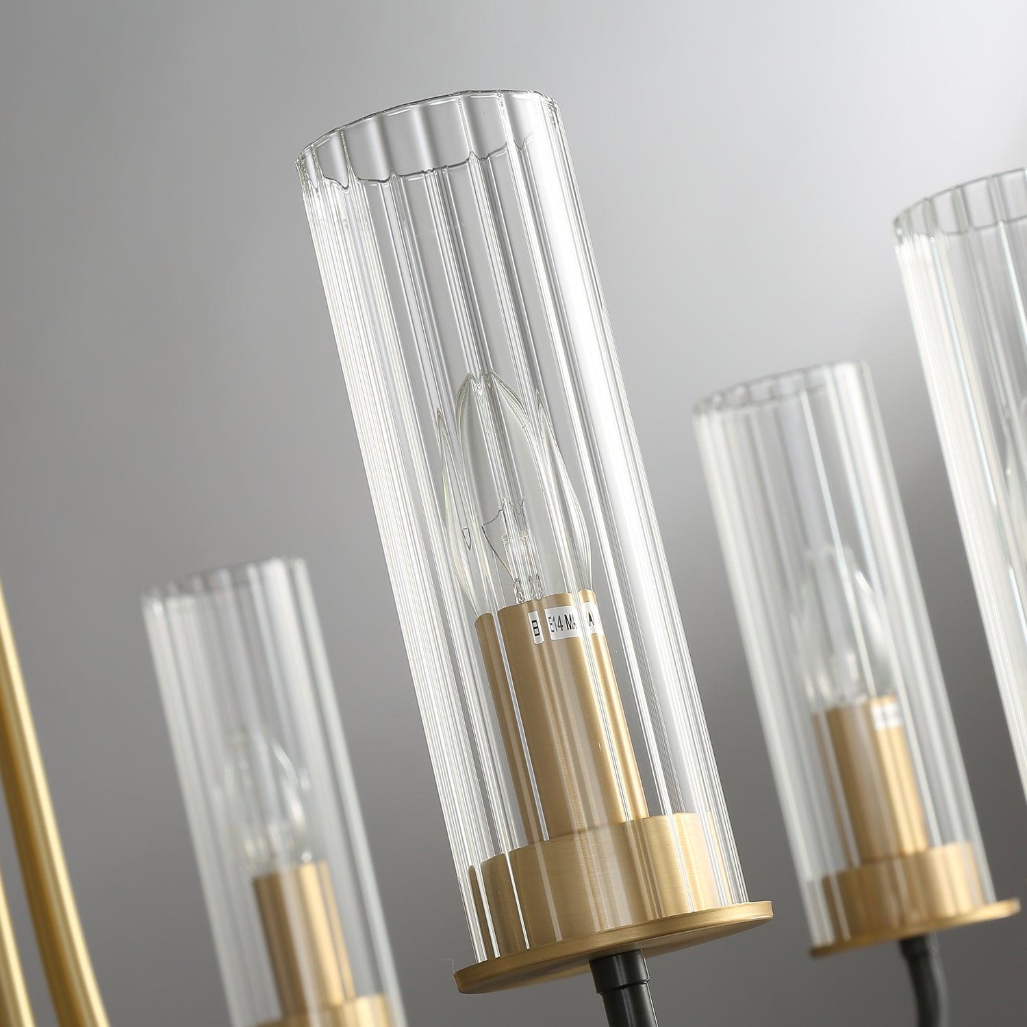 Chandelier Black Round Frame Brass Arms Ribbed Glass-Neutral Decor