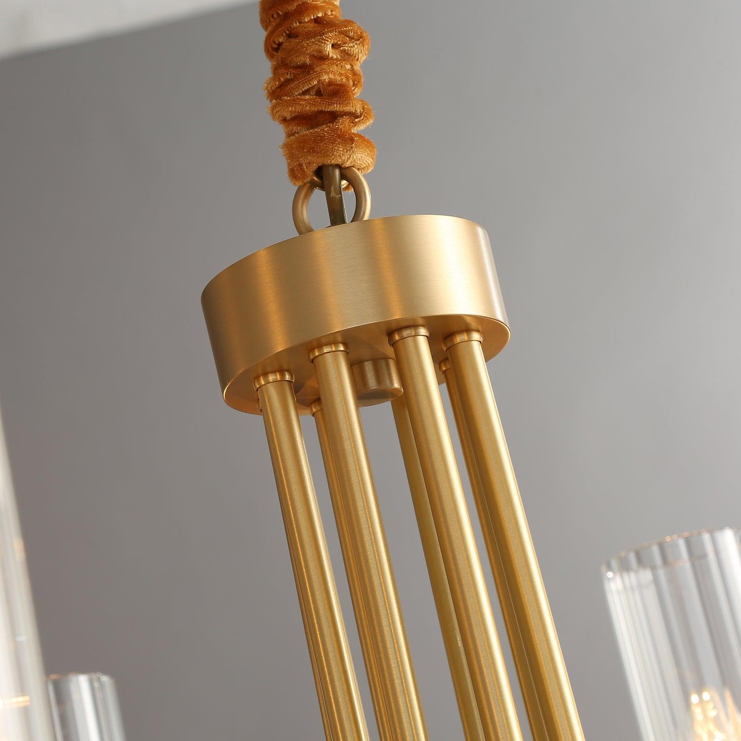 Chandelier Black Round Frame Brass Arms Ribbed Glass-Neutral Decor