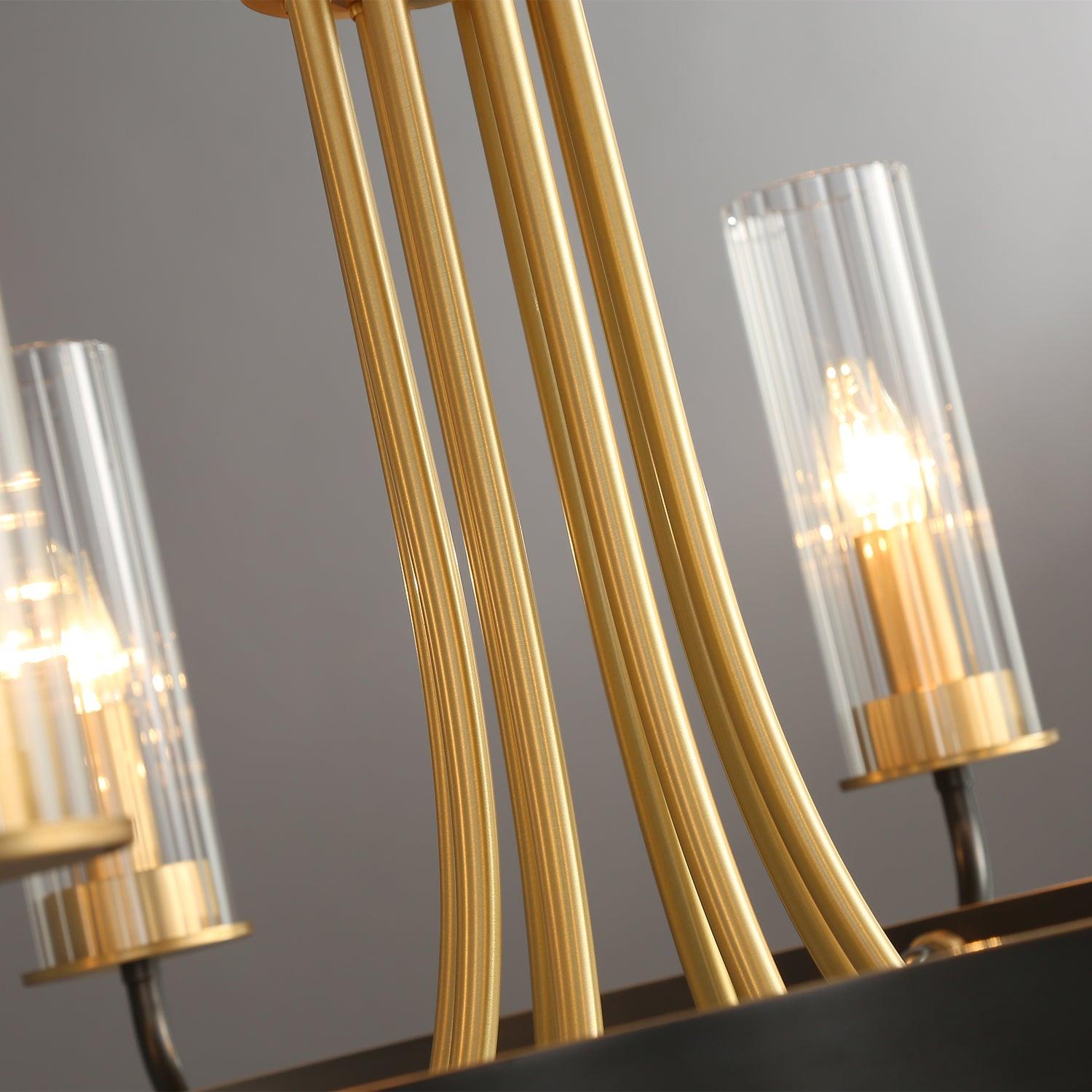 Chandelier Black Round Frame Brass Arms Ribbed Glass-Neutral Decor