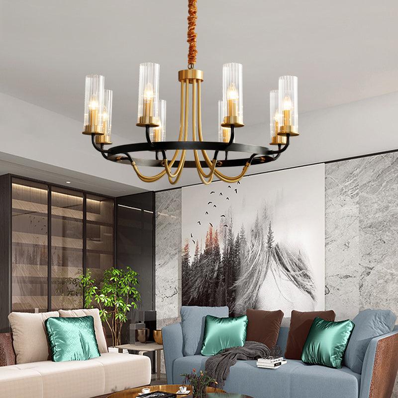 Chandelier Black Round Frame Brass Arms Ribbed Glass-Neutral Decor