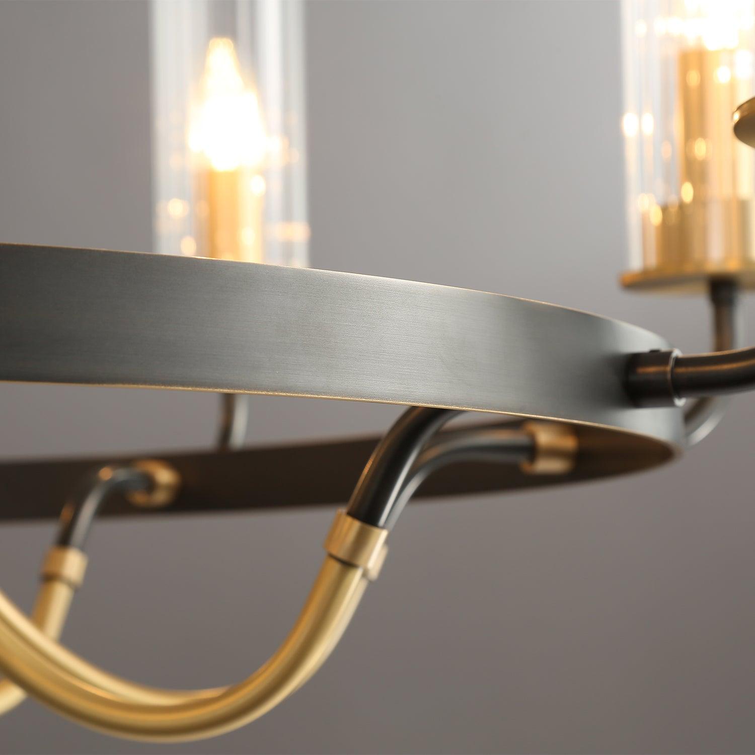 Chandelier Black Round Frame Brass Arms Ribbed Glass-Neutral Decor